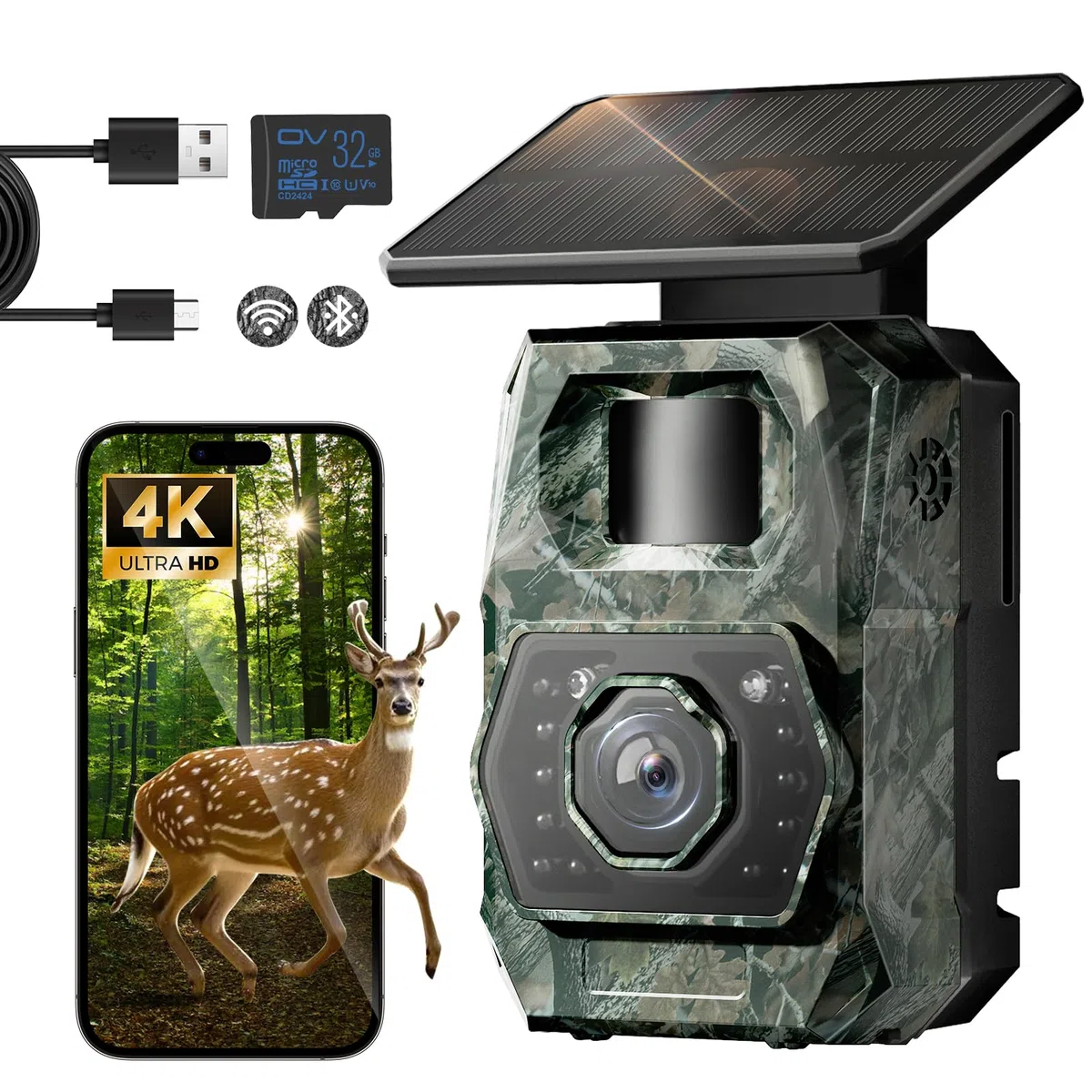 MAXDONE Wildkamera Mit Handyübertragung App, 4K 64MP Wildlife Camera solar nachtsicht bewegungsmelder 0.1s Trigger Time Wildlife Cameras Bluetooth Night Vision Camera IP66 inkl. 32GB SD-Karte