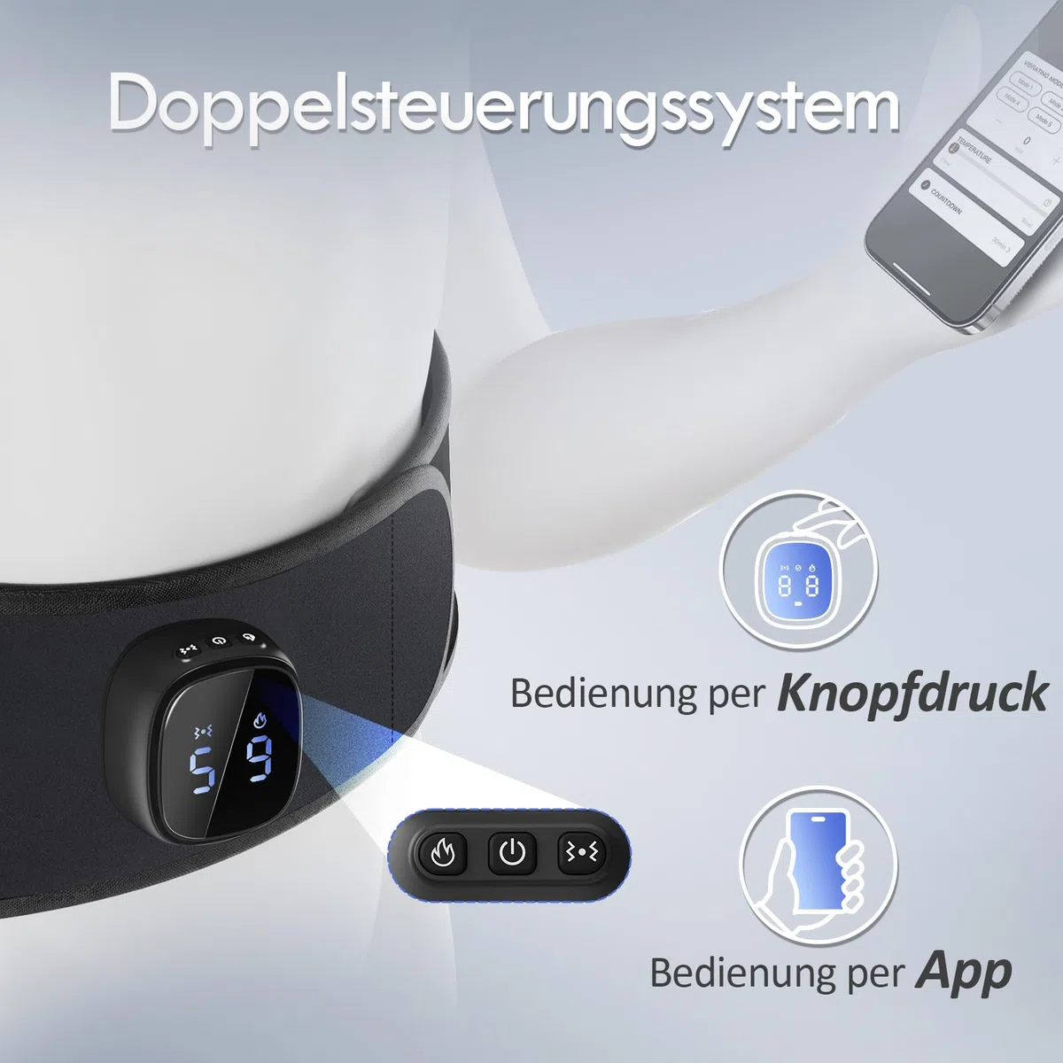 Comfytemp Wärmegürtel Rücken Massagegerät mit 15Wh Akku mit USB,9 Wärmestufen 5 Vibrationmoden Kontrolle per Knopfdruck und App, 20X155cm Kabellos Heizgürtel Abschaltautomatik Rückenwärmer