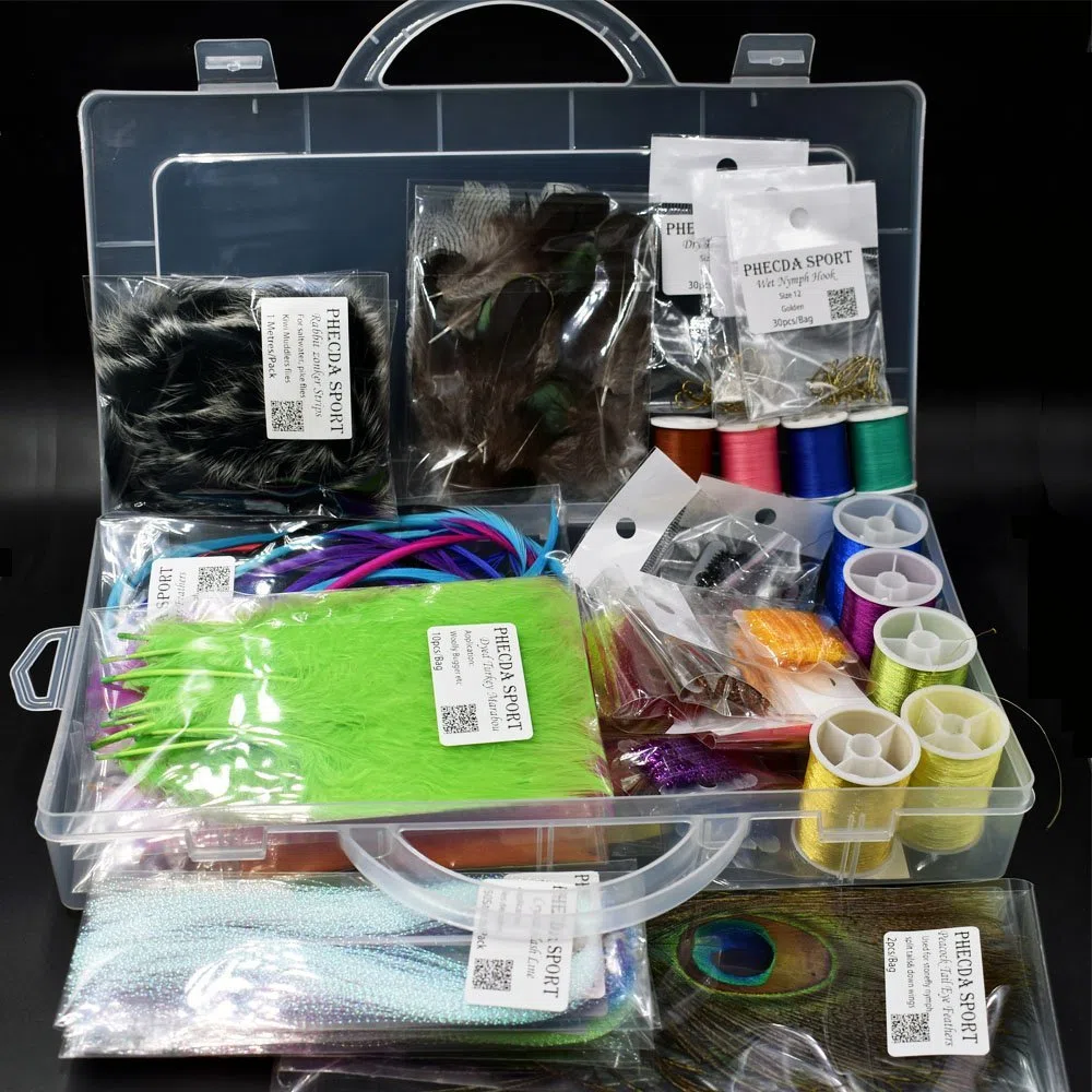 PHECDA PROFLY Federn Pelz Faden Kristall Flash Line Haken Fliegenbinden Materialien Fly Tying Starter Kits