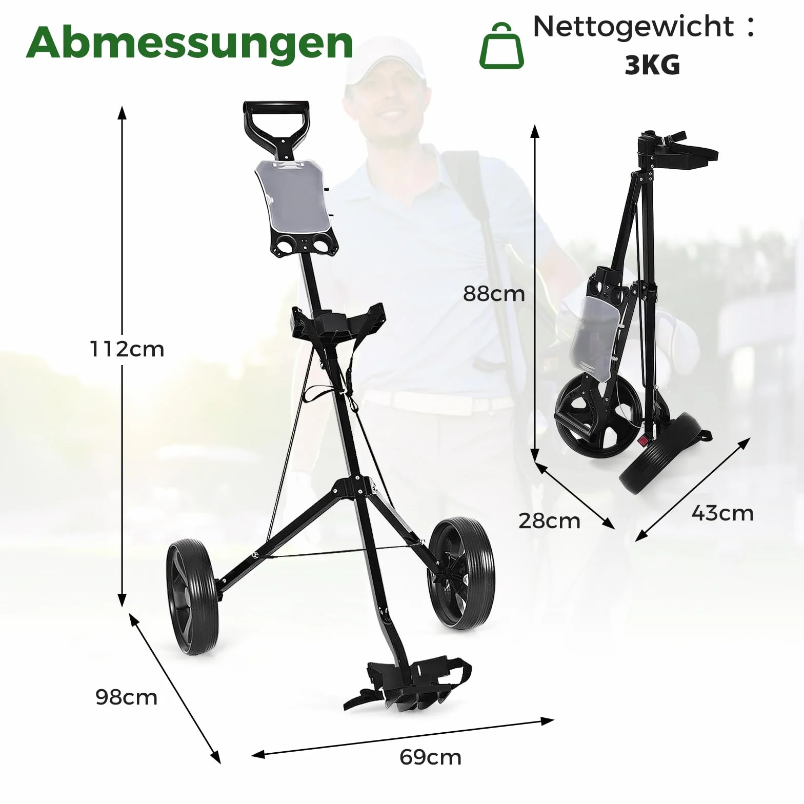 COSTWAY Golf Trolley, 2 Rad Golftrolley klappbar, Golfwagen aus Stahl, mit Scorecardhalter, Golf Bag Push Cart für Anfänger