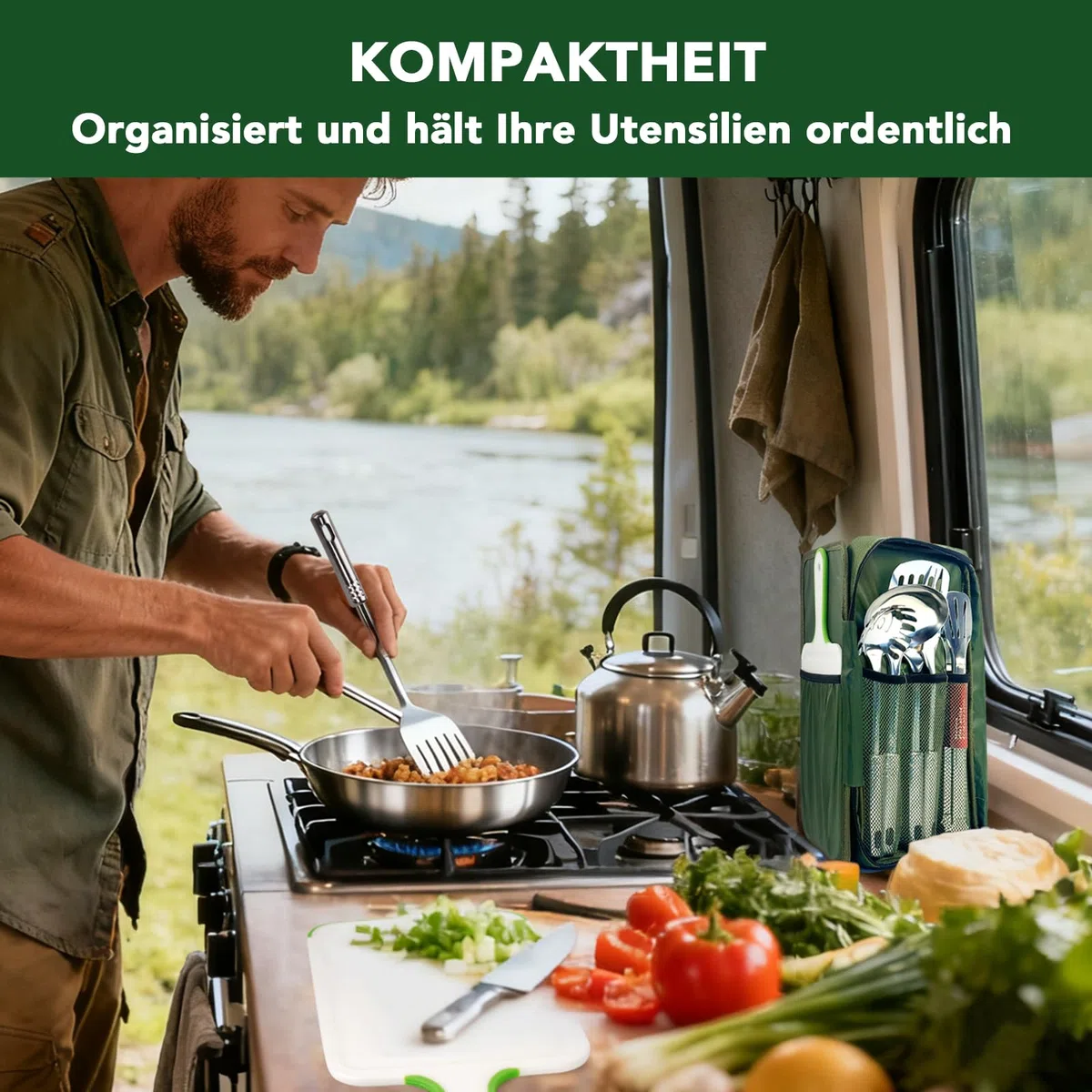 E EASTSTORM Camping Küchenhelfer Set mit wasserdichte Tasche,Camping Geschirr,Klein und Tragbar,Geeignet für Outdoor,Bergsteigen,Wandern,Camping Set für Rucksäcke, Dunkelgrün