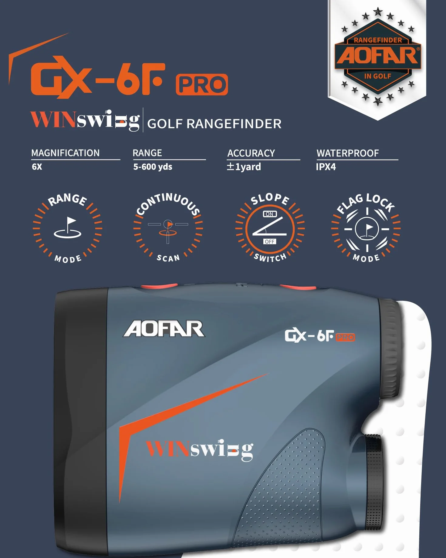 AOFAR GX-6F PRO Golf Laser Entfernungsmesser mit Neigung Geräten, Entfernungsmesser mit Kontinuierlichem Scan, Flaggensperre mit Pulsvibration, Zugelassen für den Wettbewerb, 600Y Hochpräzise Genau
