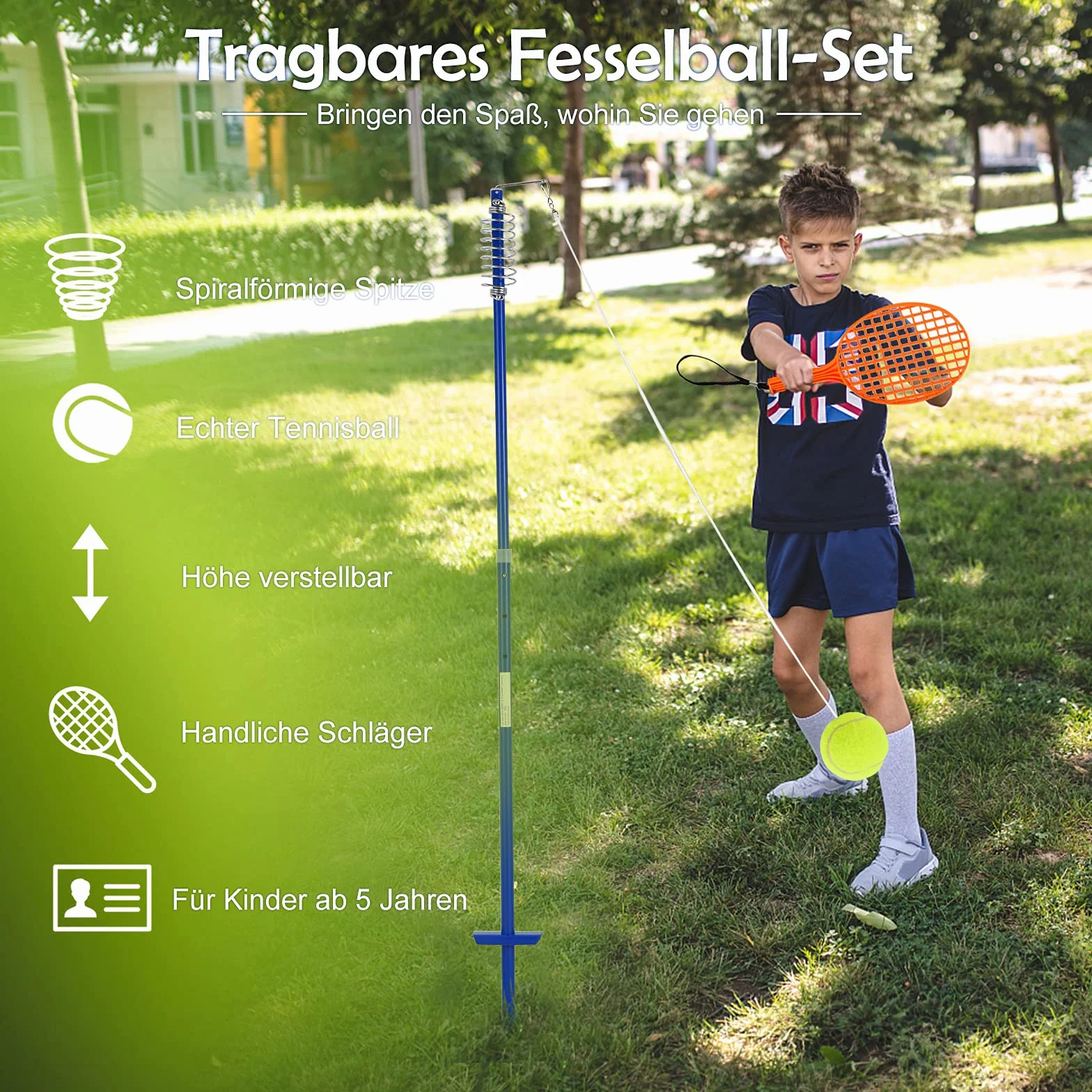 COSTWAY 3-stufig höhenverstellbares Tetherball Set, Twistball Set inkl. Ball｜2 Schlägern｜120cm Schnur, Tennisball an Schnur, Tennis Spiel für Solo und Team