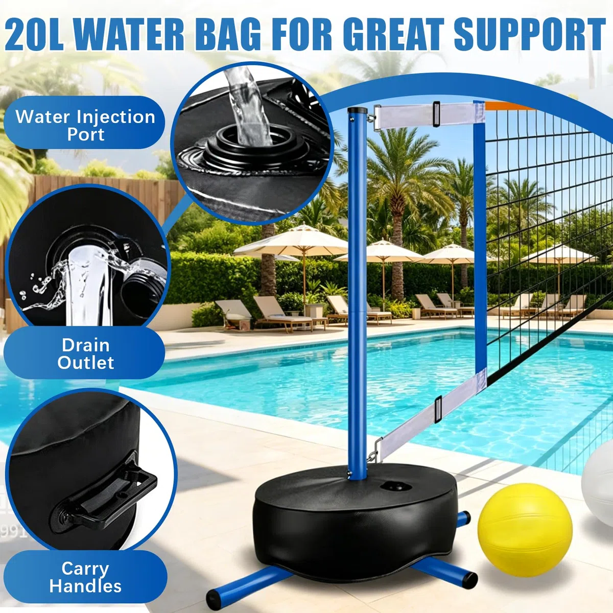 Pool Volleyball Set, Tragbarer Wasser Volleyballnetz für Erwachsene mit 20L Wasserbeutel und Luftpumpe für Sommer Poolspiele Verstellbar 4,5-7.6m（15-25FT）