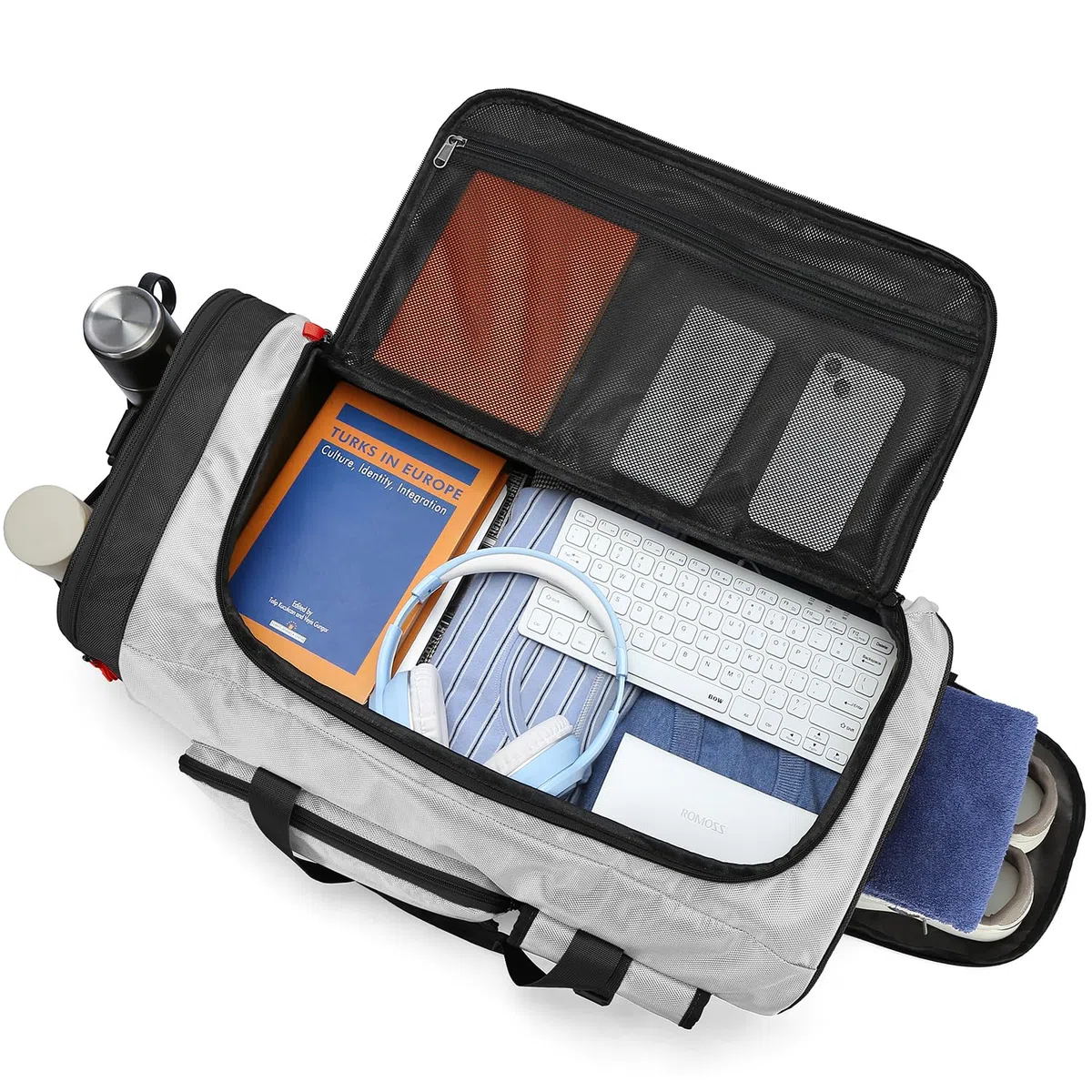 70L Sporttasche Groß Sportrucksack Herren mit Schuhfach Wochenend Sport Reisetasche mit Rucksackfunktion Wasserdicht Fitness Trainingstasche für Damen Gym, Reisen, Camping, Grau