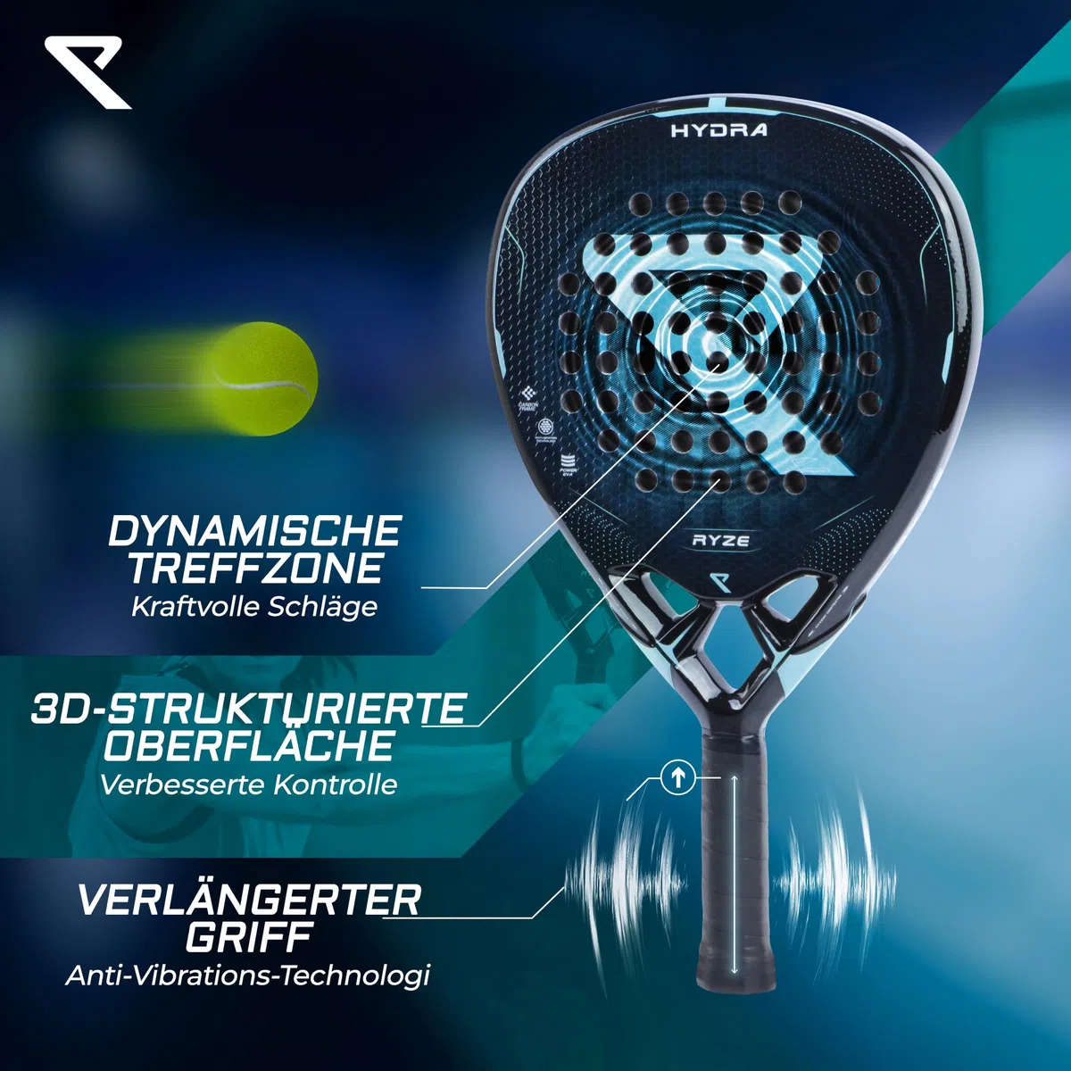 RYZE Hydra Padel Schläger aus 100% Kohlefaser - Maximale Power, Kontrolle & Präzision - 365g mit EVA-18 Schaum - Unisex Padelschläger für Männer & Frauen - Padel Racket Set mit kostenloser Hülle