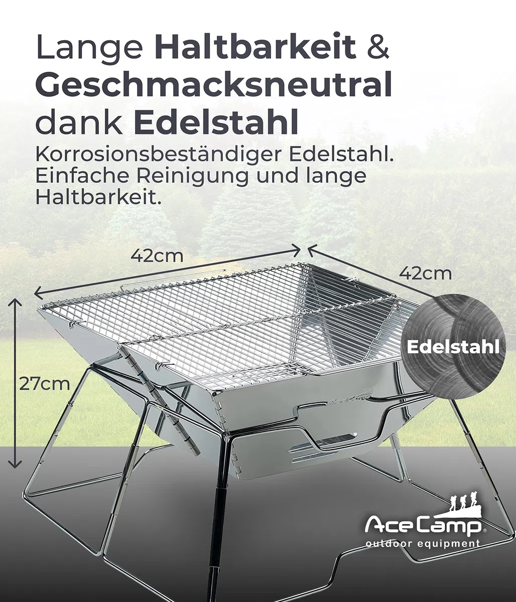 AceCamp Holzkohlegrill tragbarer Klappgrill Faltgrill Camping-Grill Garten Party BBQ Edelstahl Grill, (weitere Größen)