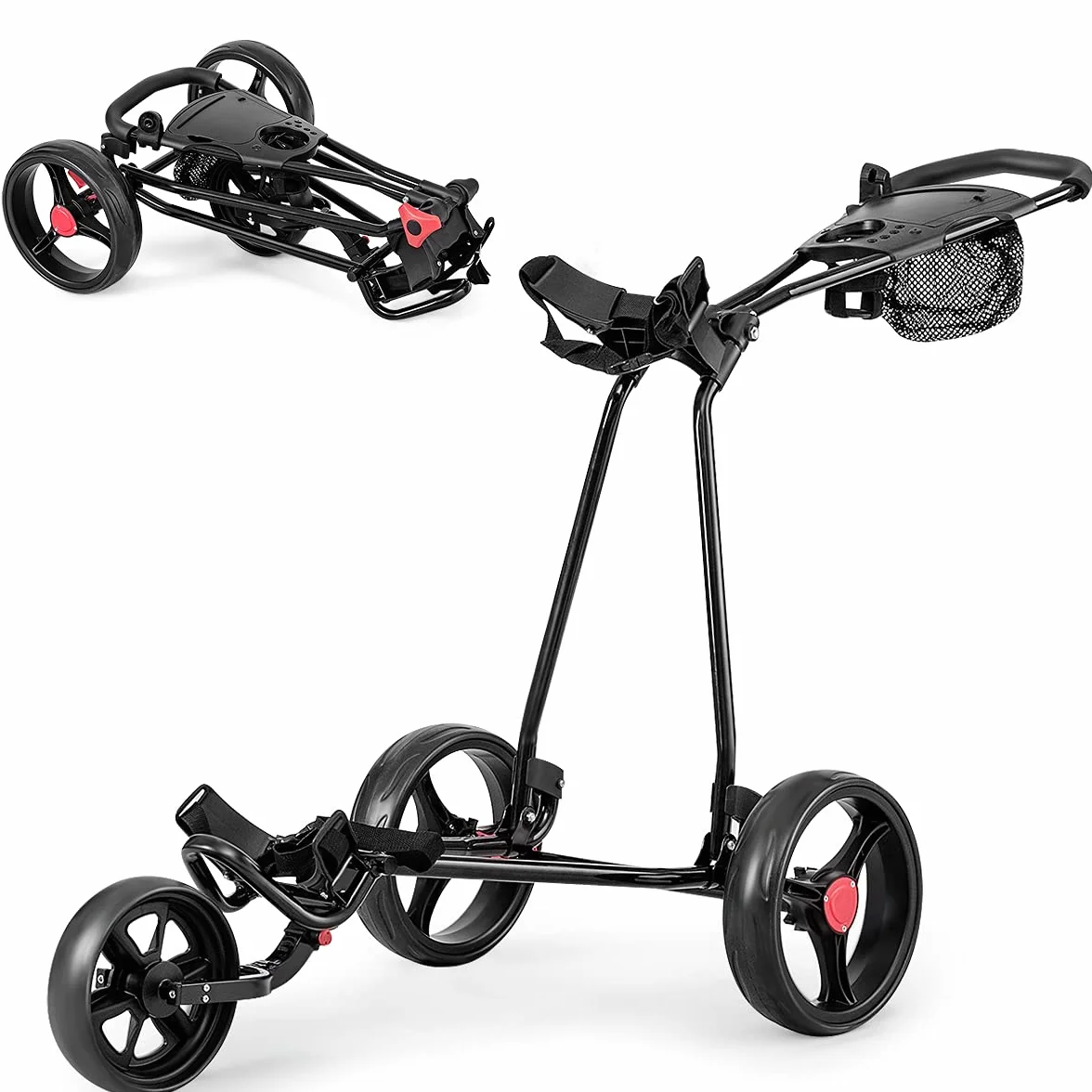 GOPLUS Golf Trolley, Golfwagen klappbar mit 3 Rad & verstellbarem Handgriff, Golf Cart leicht mit Hinterradbremse, Golf Caddy inkl.Trinkflaschenhalter, Schirmhalter & Netztasche, Schwarz