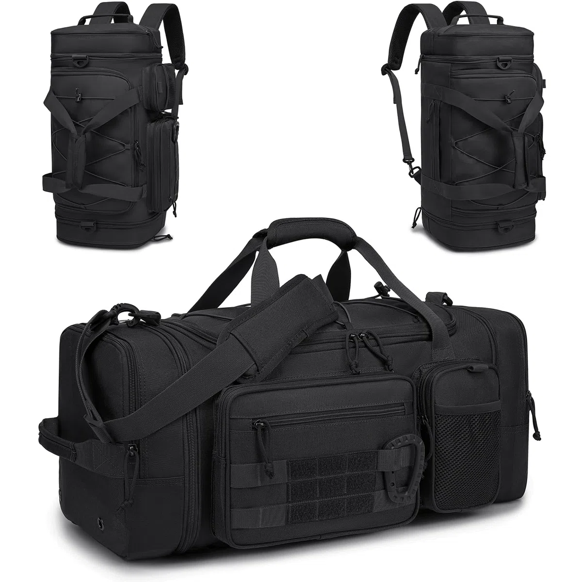 Taktische Reisetasche Sporttasche 40-45L Erweiterbar 3-in-1 Sporttaschen Herren Mittel mit Schuhfach Nassfach und Rucksackfunktion Trainingstasche Damen für Militär Fitness Gym Sauna, Schwarz