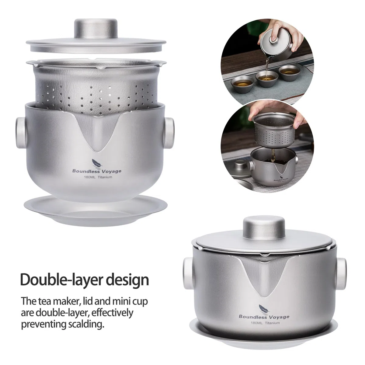Boundless Voyage Doppelschichtiger Teebereiter aus Titan mit Filterdeckel, ultraleichte Teekanne, Verbrühschutz, Kaffeetasse, Trinkgeschirr für Camping, Reisen, Büro (Ti3136D-Teekanne)