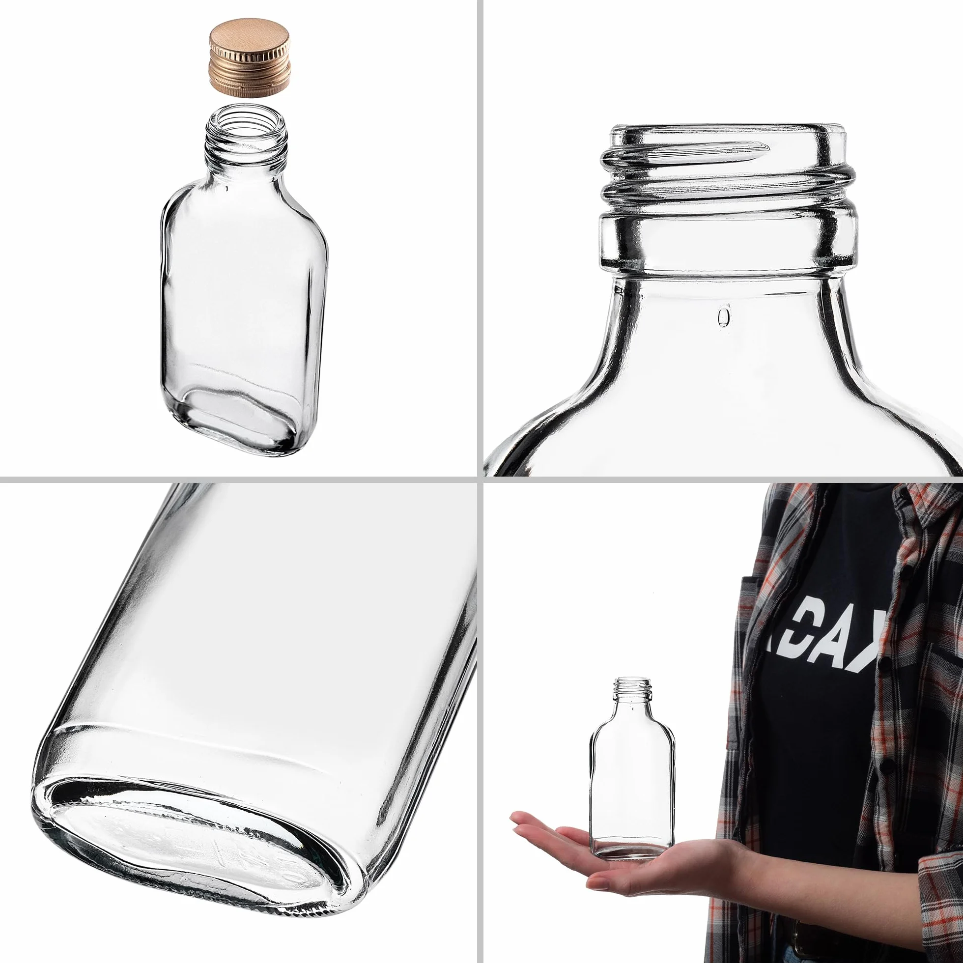 KADAX 50er Set Flachmann 100ml, kleine Glasflaschen mit Schraubverschluss, Fläschchen, leere Flaschen zum Befüllen, mini Likörflaschen, Schnapsflaschen (Gold)