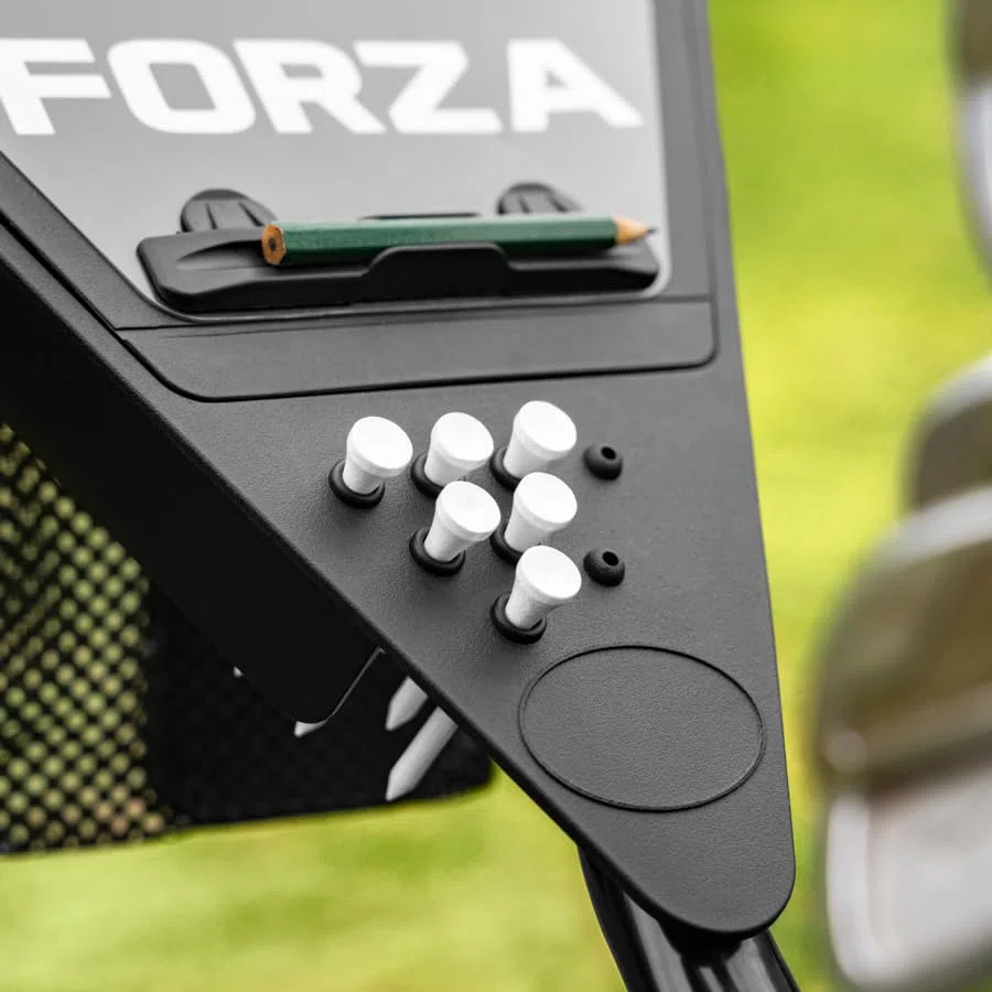 FORZA Golfwagen mit 3 Rädern | Leichter Aluminium Push Trolley mit ergonomischem Griff, Fußbremse & faltbarem Design | Kompakter Golftaschentransport | Optionaler Schirmhalter
