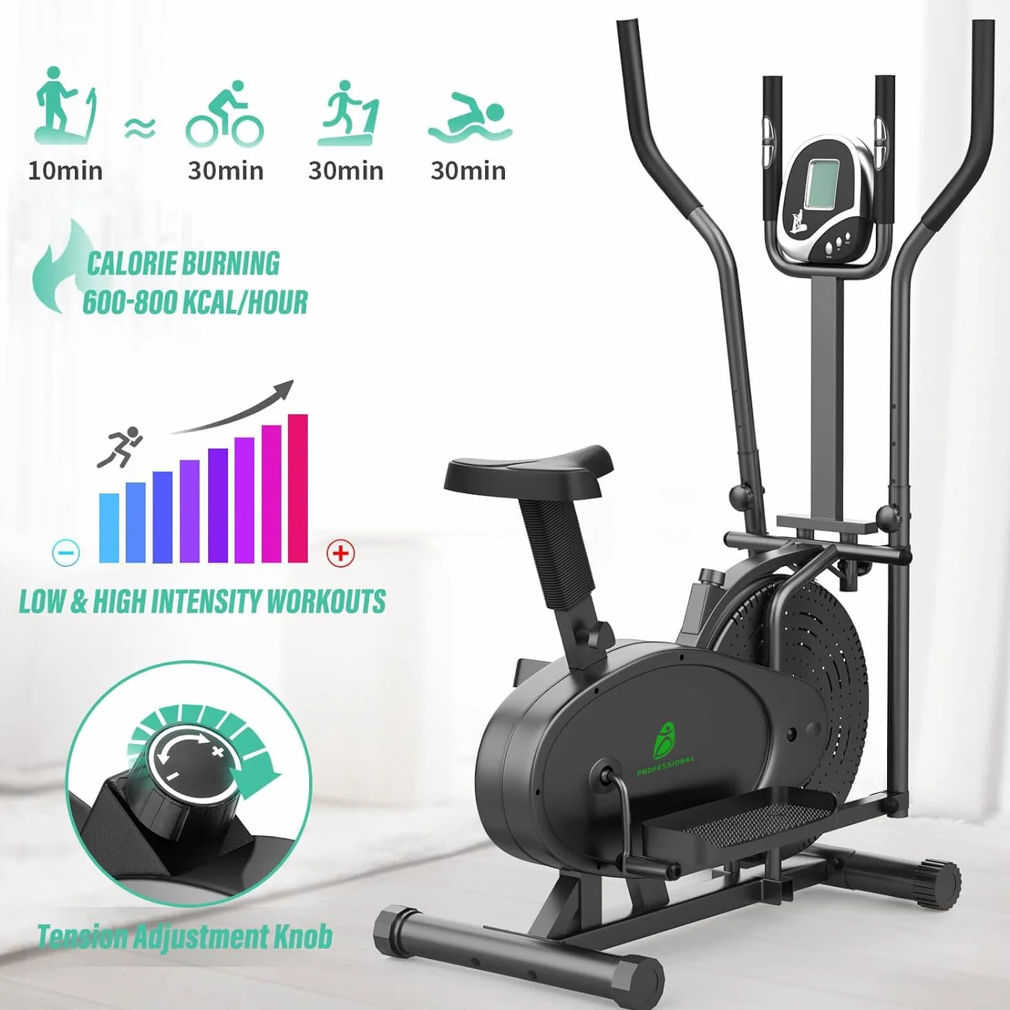 Cross Trainer für zu Hause Neezee Crosstrainer Pro 2-in-1 Ellipsentrainer mit magnetischem Widerstand, Sitz, intelligentem LCD-Display, einfacher Aufbewahrung, Transportrollen bis zu 120 kg