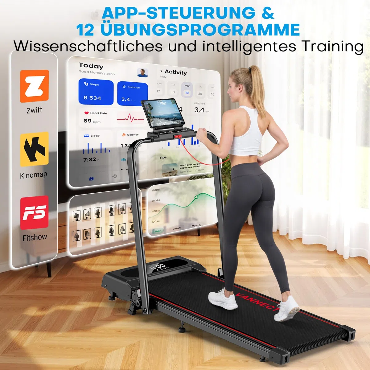 Laufband für Zuhause, VANNECT Walking Pad, 1-12 km/h Klappbares Laufband mit 9% Steigung, Ultra-Leise, LCD-Display, Dreifache Steuerung - Fernbedienung + App + Handlauf-Tasten, Belastbar bis 150 kg