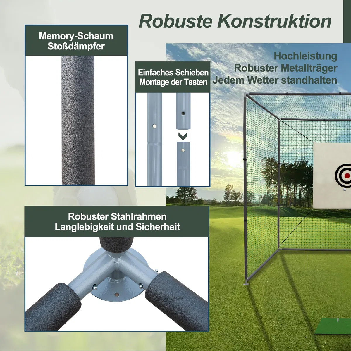 Thanaddo Golfkäfignetz 3m Freistehend Übungskäfignetz, Golfnetz Übunskäfig mit Ziel-Tuch und Übungsmattte