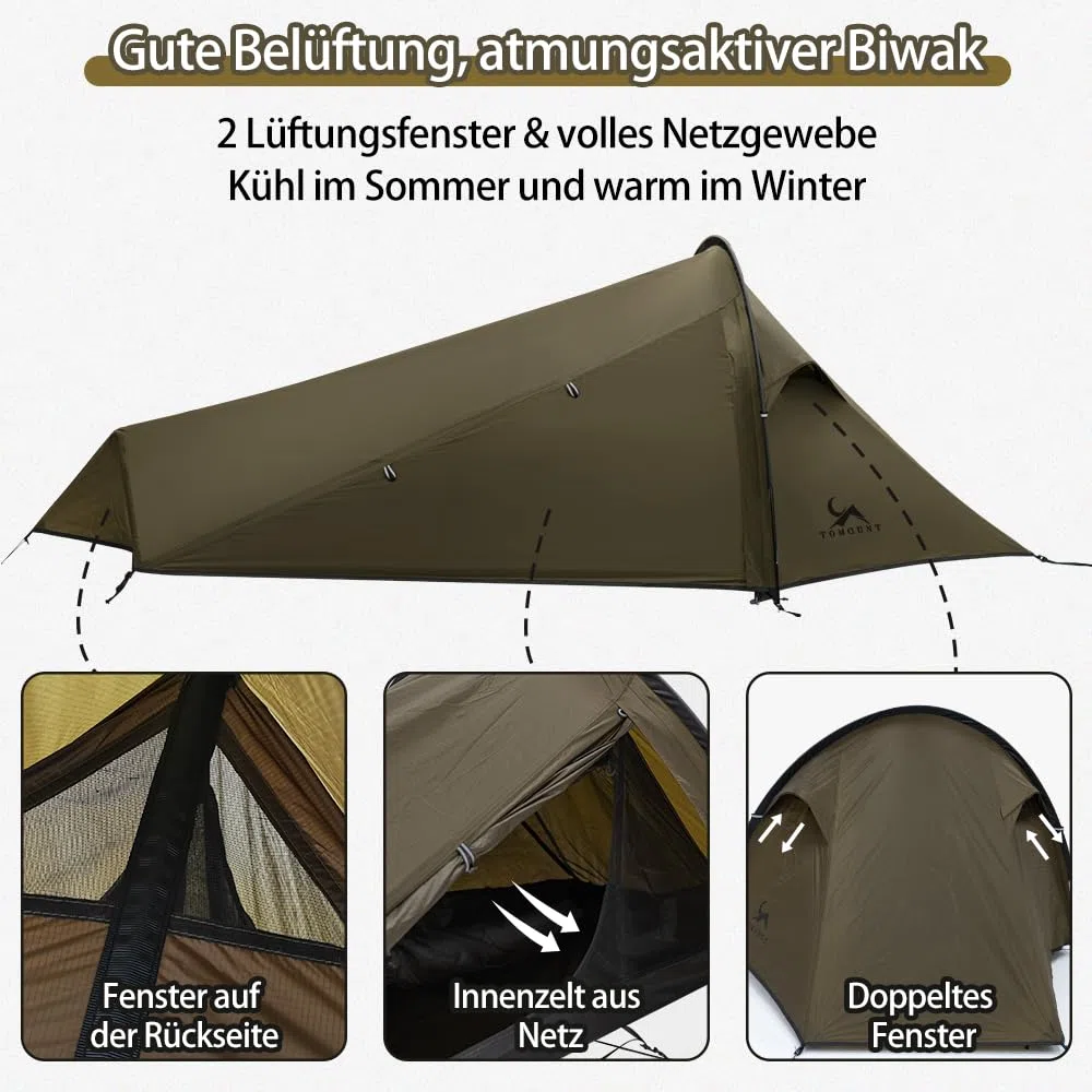 TOMOUNT Bivy Nylon Zelt Ultralight 1 Person wasserdichtes Biwaksack kleines Packmaß Trekkingzelt EIN-Man Zelt für Trekking, Camping, Outdoor, Klettern mit Rucksack