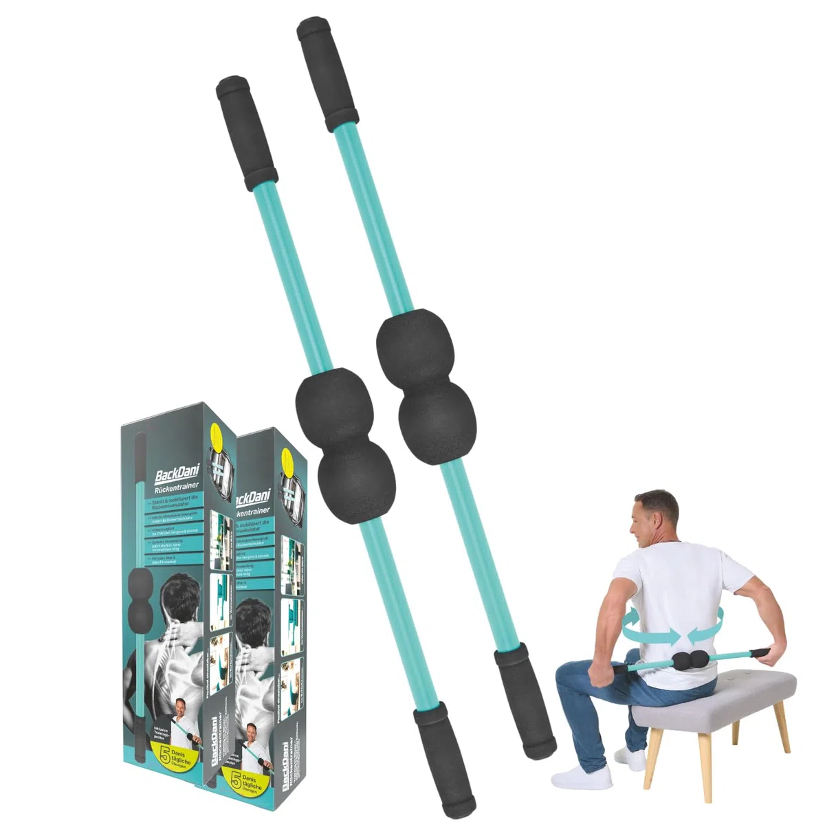 Wirbelsäulen-Trainingsgerät zur Mobilisation & Rotation | Rückenmuskel Training für mehr Beweglichkeit & Stabilität | Ergonomisch, rutschfeste Griffe, inkl. Trainingsposter Back Dani