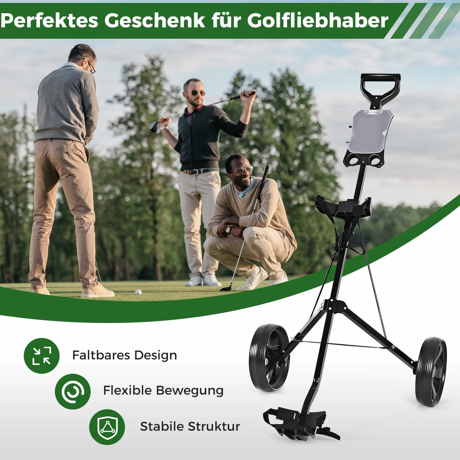 COSTWAY Golf Trolley, 2 Rad Golftrolley klappbar, Golfwagen aus Stahl, mit Scorecardhalter, Golf Bag Push Cart für Anfänger