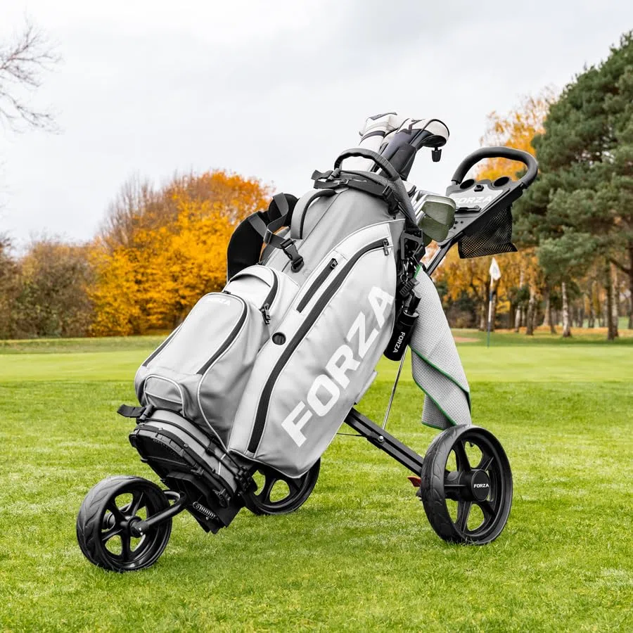 FORZA Golfwagen mit 3 Rädern | Leichter Aluminium Push Trolley mit ergonomischem Griff, Fußbremse & faltbarem Design | Kompakter Golftaschentransport | Optionaler Schirmhalter