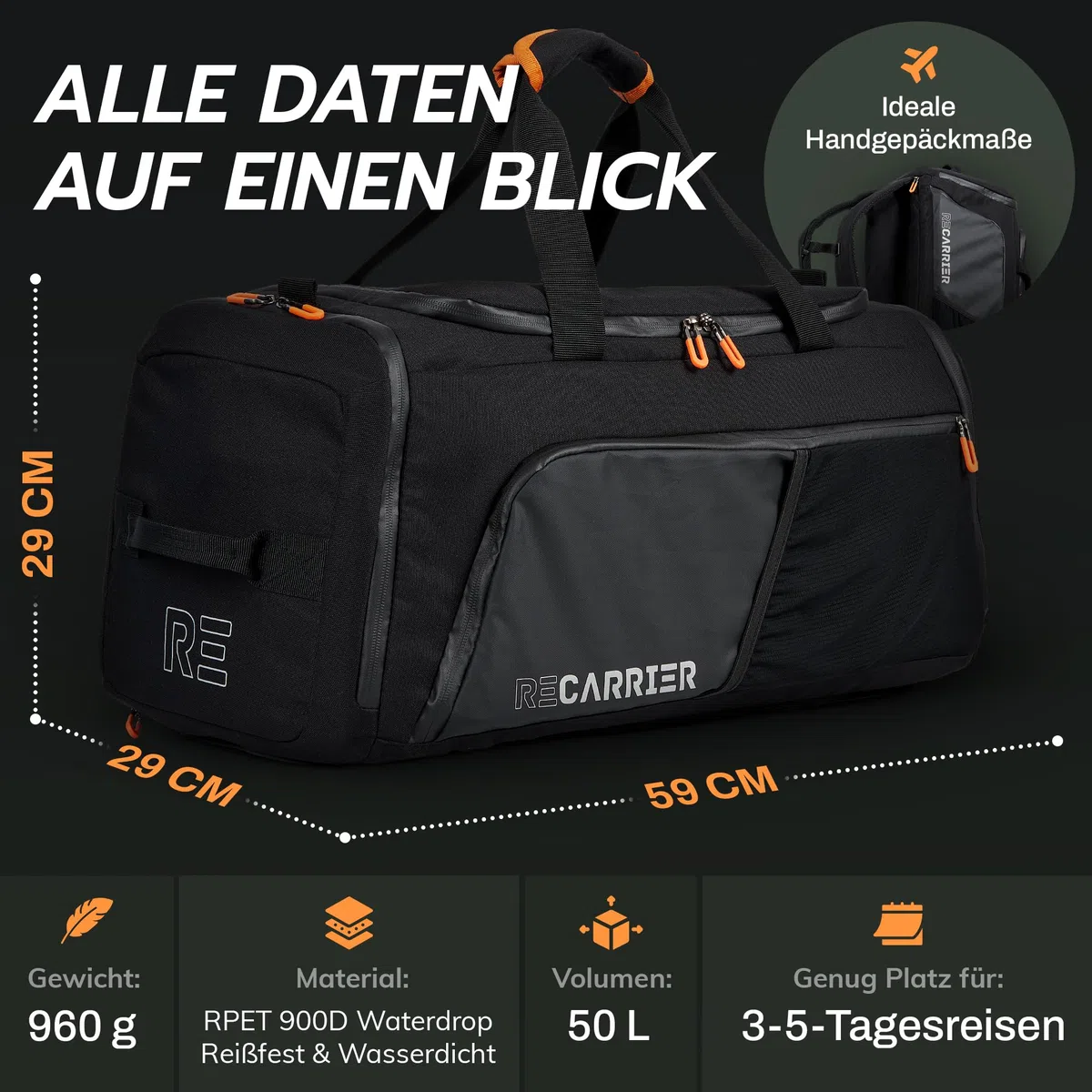 Sporttasche [RECYCELTES PET] 50L – Gym Bag und Rucksack in Einem – wasserdichte Trainingstasche Herren Damen – Sportrucksack mit Schuhfach Fitness, Reisetasche groß
