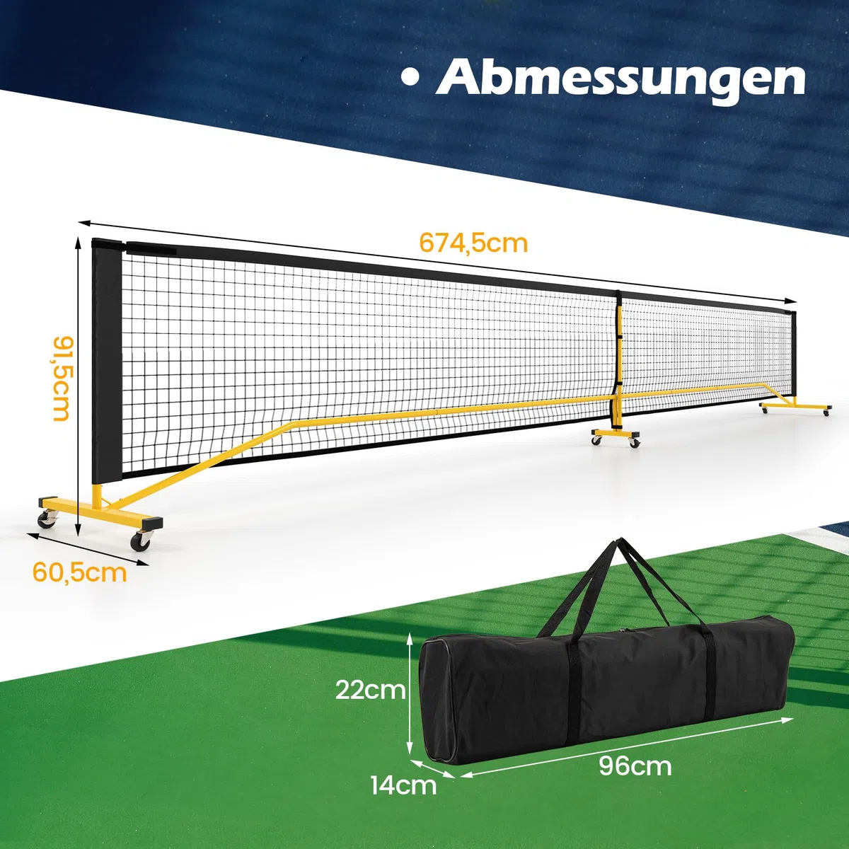 COSTWAY tragbares Pickleball Netz mit Rollen, 6,7 m Pickleball-System in offizieller Größe mit Metallrahmen & Tragetasche, Tennisnetz Outdoor wetterfest, Volleyballnetz für Hinterhof, Auffahrt