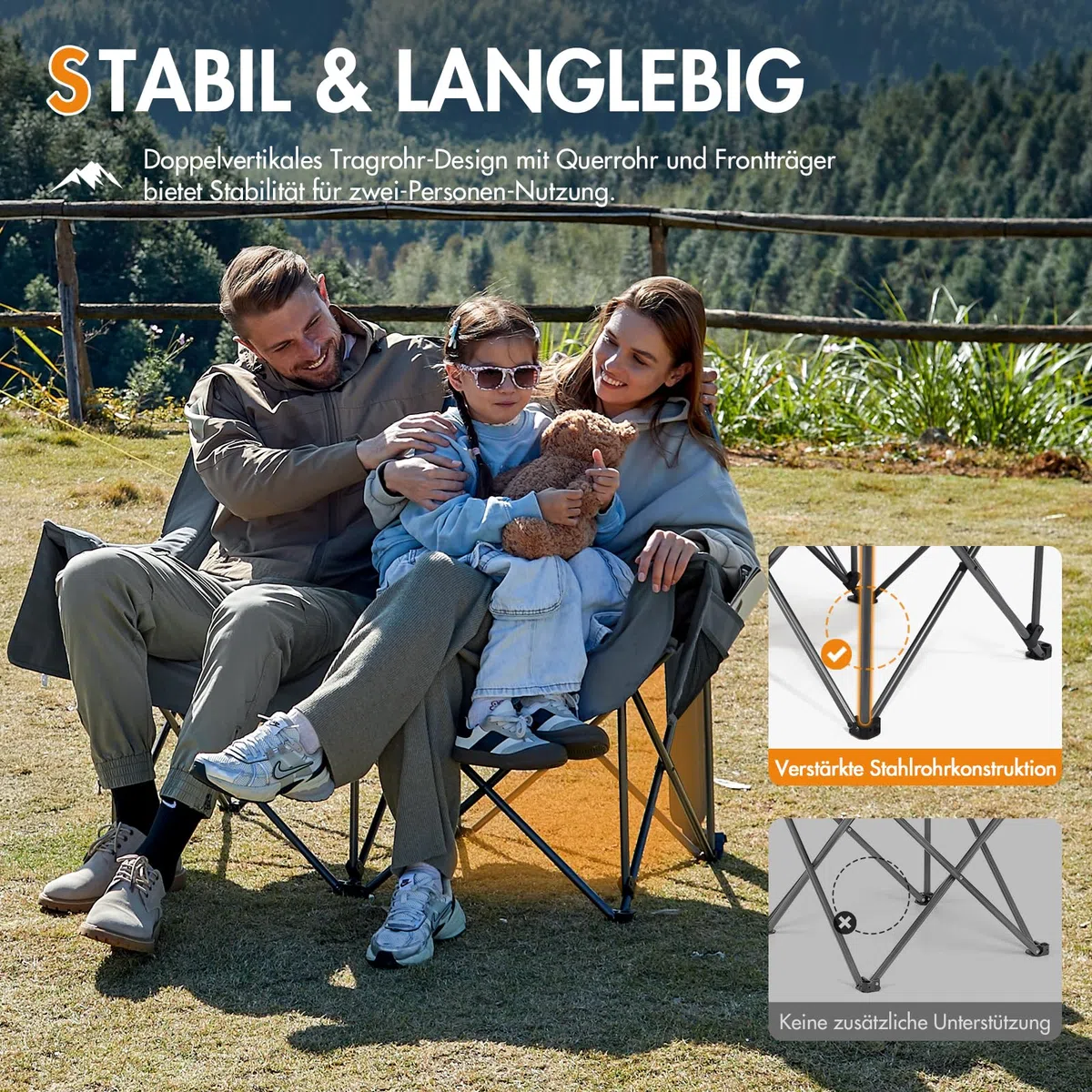 Portal Campingstuhl faltbar Campingsofa für 2 Personen 272kg belastbar Super Weich mit Lagerungstasche Doppel Klappstuhl Faltsofa Dick Gepolstert Hohe Rückenlehne für Outdoor Garten Balkon