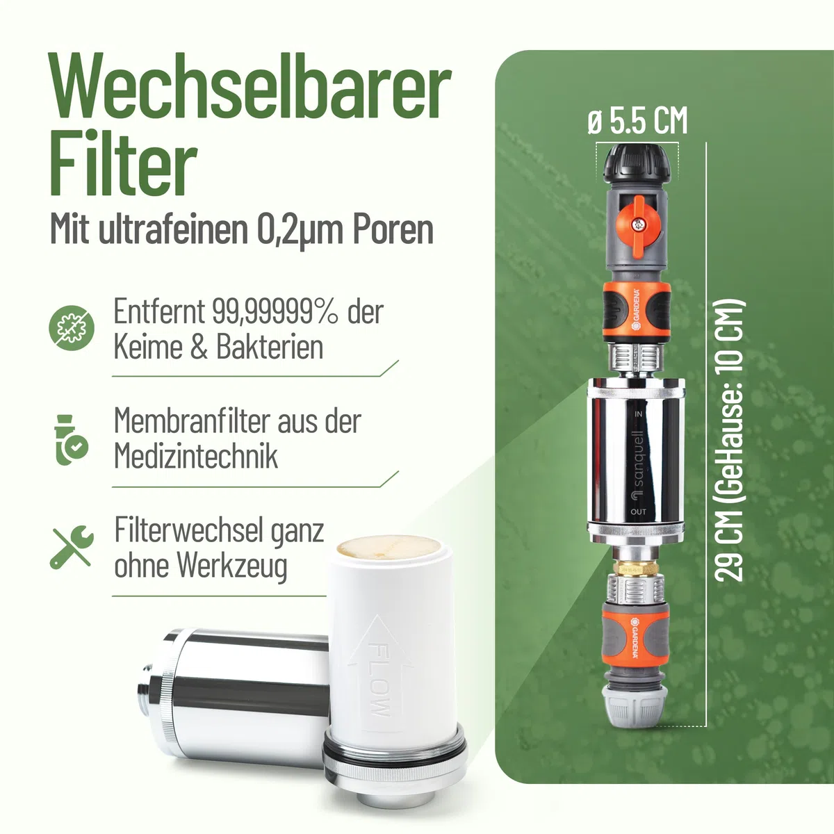 Wasserfilter Camping Wohnmobil, Wohnwagen Explorer | Keimsperre | Medizintechnik | Sauberes Trinkwasser unterwegs | Befüllfilter für Frischwassertank | Komplettset | bis 8 Liter/Minute | Silber