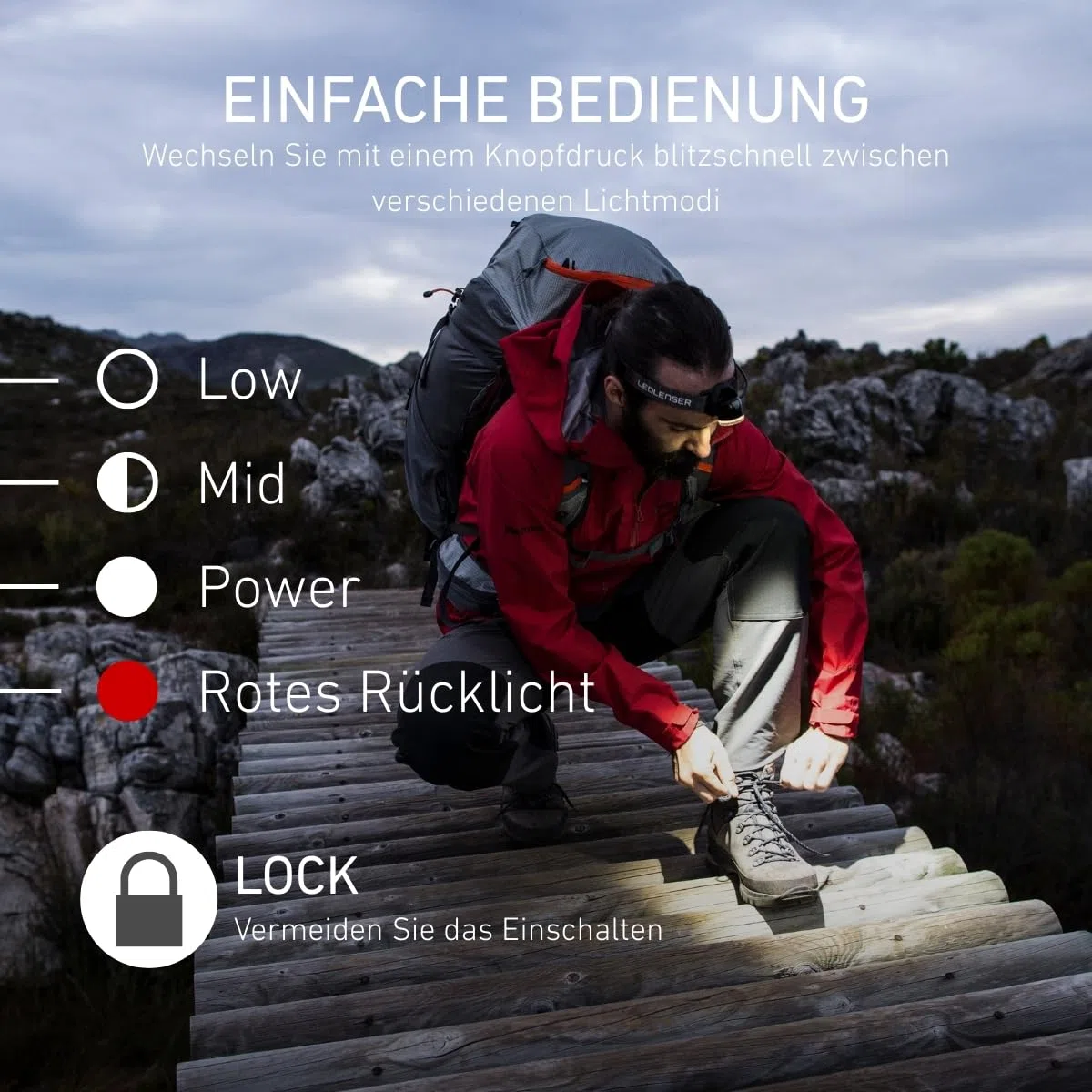 Ledlenser H8R Stirnlampe LED, aufladbar mit Lithium 18650 Akku, 600 Lumen, fokussierbar, bis zu 120h Laufzeit, rotes Rücklicht, schwenkbar, USB Ladekabel, Headlamp