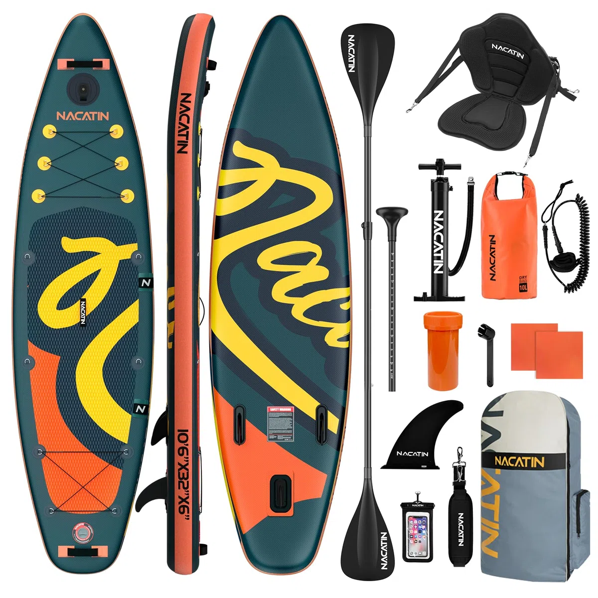 NACATIN 320cm (10ft 6in) aufblasbares SUP Board mit Sitz für Erwachsene, Stand Up Paddling Board mit Doppelpaddel, Kajaksitz, Rucksack, Tragegurt, Trockentasche, Reparaturset, für See, Fluss, Yoga