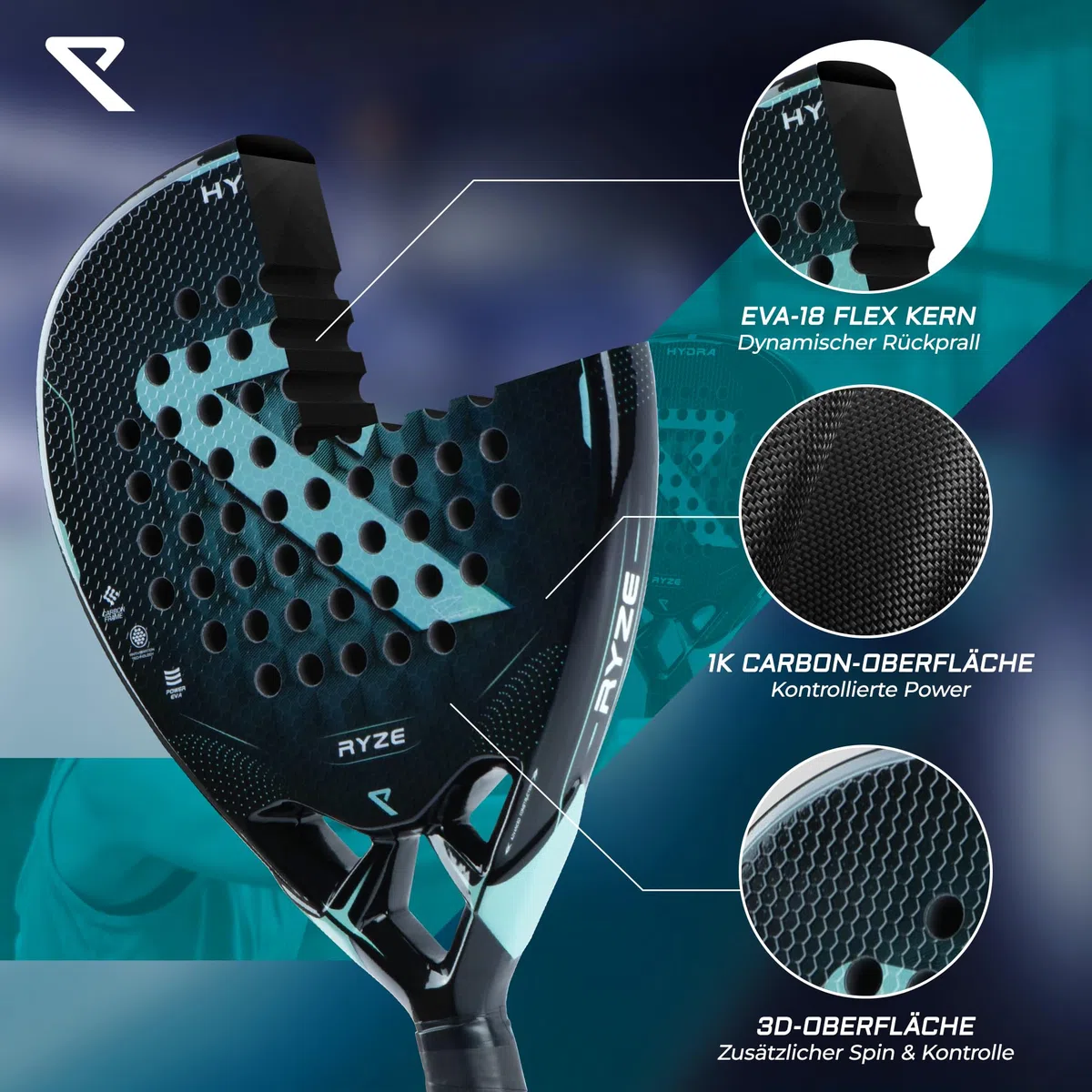 RYZE Hydra Padel Schläger aus 100% Kohlefaser - Maximale Power, Kontrolle & Präzision - 365g mit EVA-18 Schaum - Unisex Padelschläger für Männer & Frauen - Padel Racket Set mit kostenloser Hülle