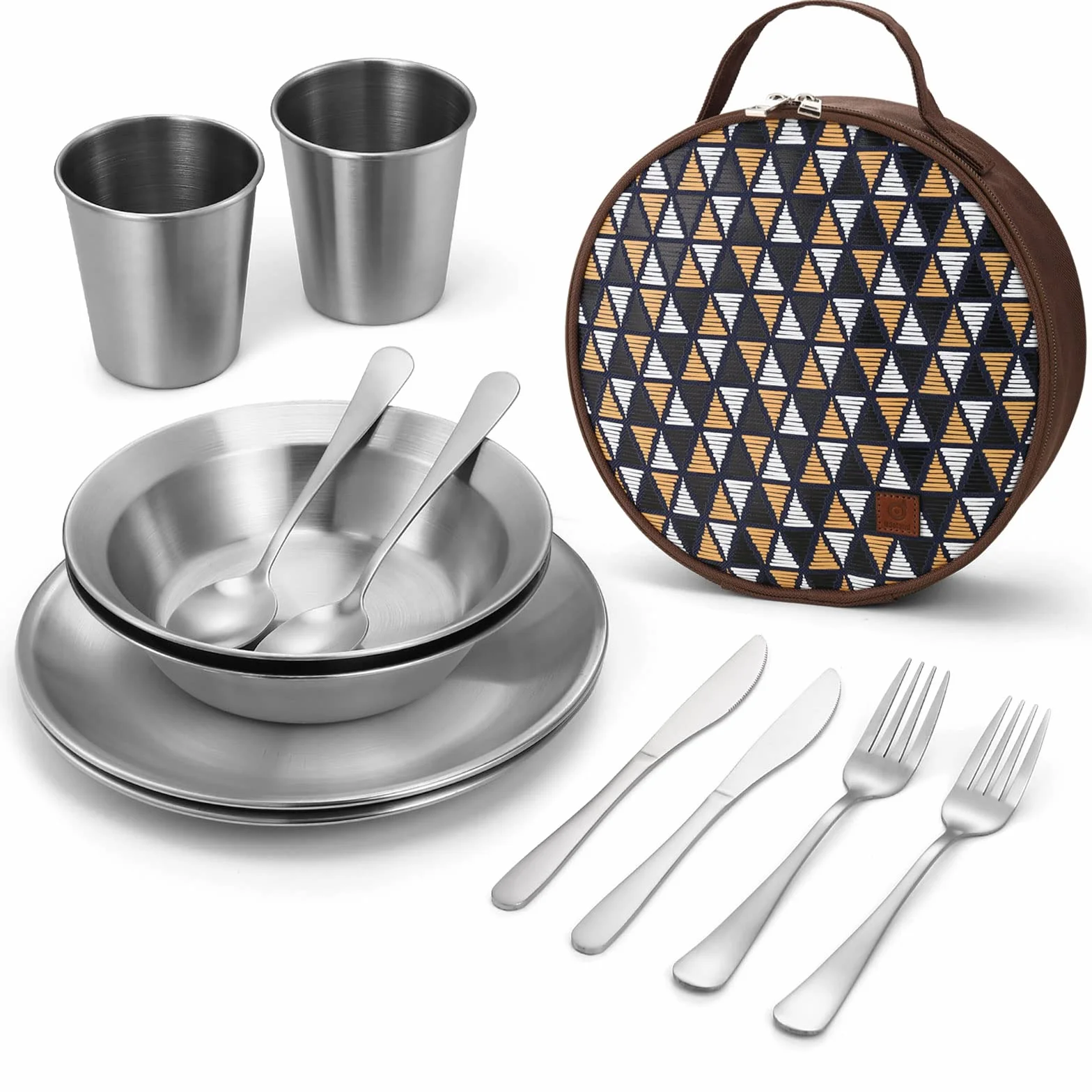 Odoland Campingbesteck Set Geschirrset 13 PCS aus Edelstahl Tafelservice mit Etui Messer Gabel Löffel Teller Kaffeebecher ideal für 2 Personen Outdoor Reisen Wandern Camping