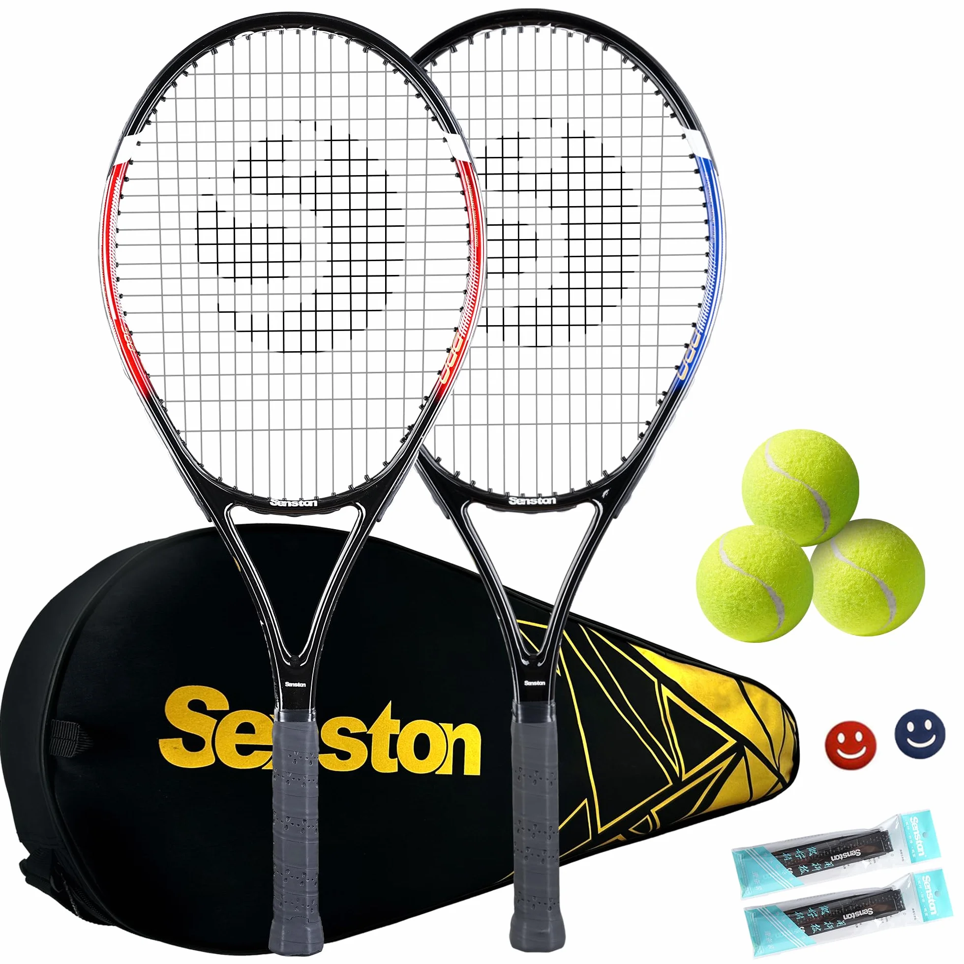 Senston Tennisschläger für Erwachsene 68,6 cm, Tennisschläger 2er-Set mit 3 Bällen, 2 Griffen, 2 Schwingungsdämpfern
