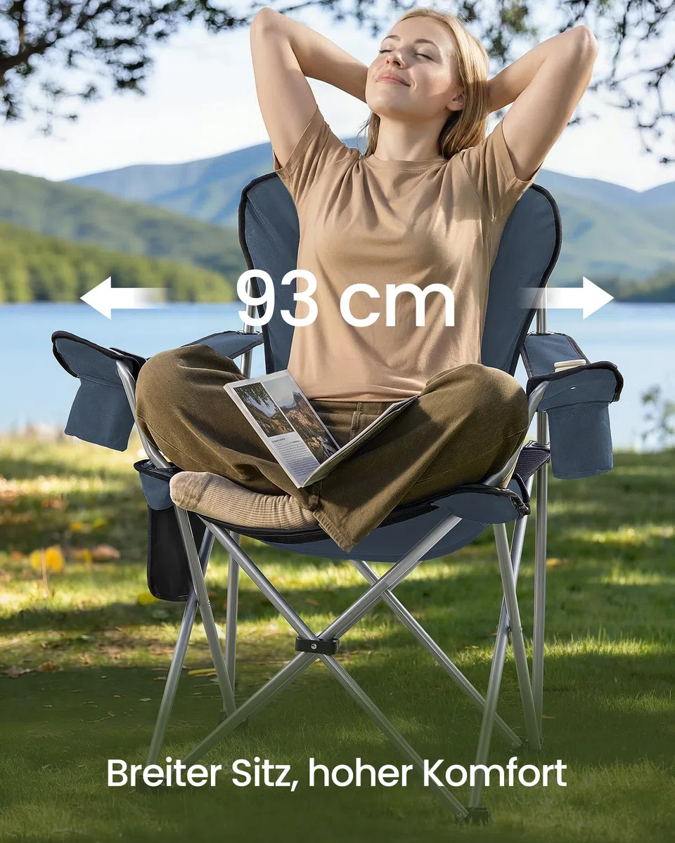 SONGMICS Campingstuhl, klappbar, Klappstuhl, breiter Sitz, hohe Rückenlehne, Outdoor-Stuhl, tragbar, Outdoor-Stuhl, mit Getränkehalter, Handyhalter, Stoff-Organizer, blau-grau GCB005QE01