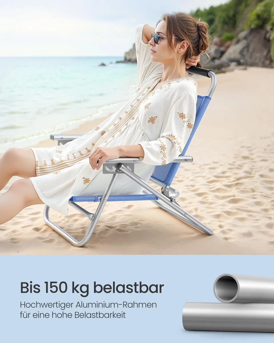 SONGMICS Strandstuhl, tragbarer Klappstuhl, Rückenlehne 4-stufig verstellbar, mit Armlehnen, atmungsaktiv und komfortabel, Outdoor-Stuhl