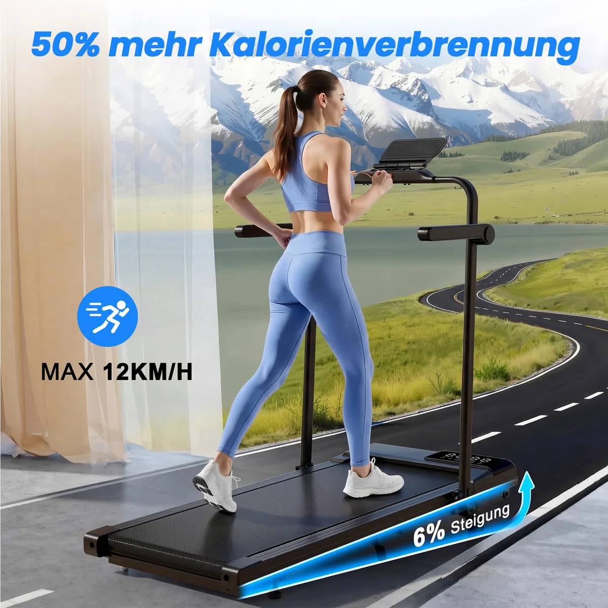 4 in 1 Walking Pad mit Steigung 6% Superun, 12km/h Laufband für Zuhause Klappbar mit APP und Fernbedienung, Max 136kg Laufband Schreibtisch mit Multi-Runner-Rennen und Training Course Erlebnis vor Ort