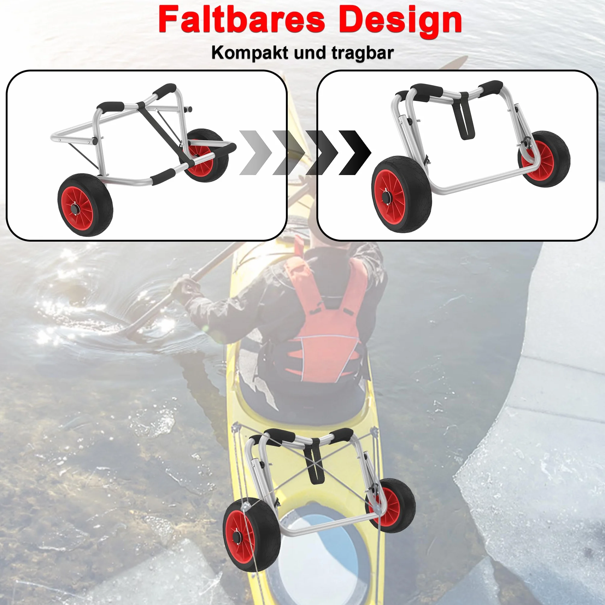 Kajakwagen Faltbarer Transportwagen aus Alu mit 2 PU-Räder & Spannriemen Kanuwagen Bootswagen Surfwagen Bis 100KG für Kanu Kaja und Schlauchboot