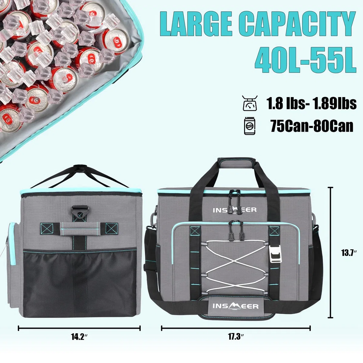 INSMEER Kühltasche Groß 55L, 90 Dosen XXL Kühltasche Faltbar Thermotasche, Isoliertasche mit Schultergurt & Flaschenöffner, Faltbare Kühlbox, Weiche Kühltaschen für Picknick,Camping, Strand, Familie