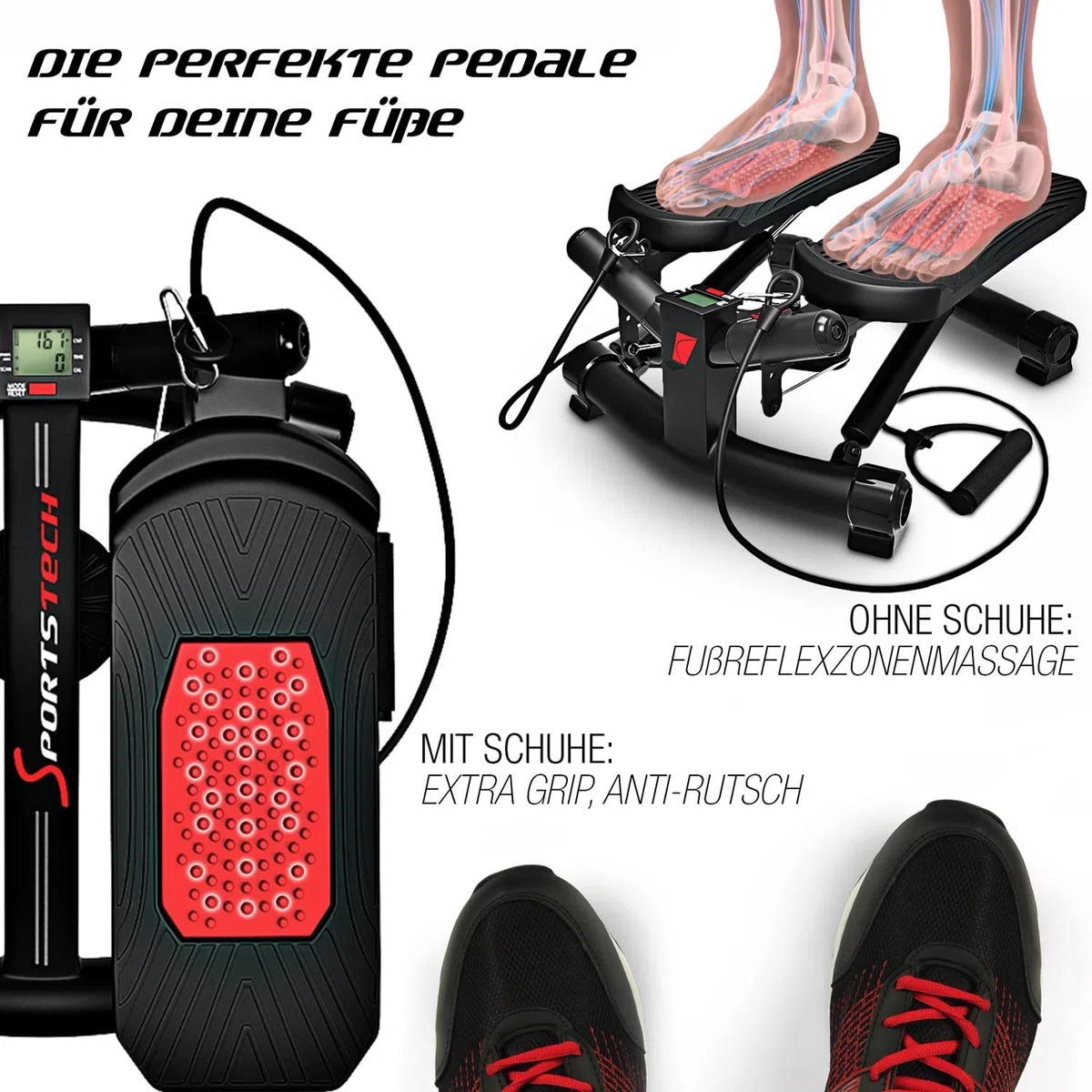 Sportstech STX300 2in1 Mini Stepper für Zuhause mit Power Ropes, Up-Down & Twist Stepper, Widerstand einstellbar, LCD Display, Ganzkörper Hometrainer, max. 120 kg