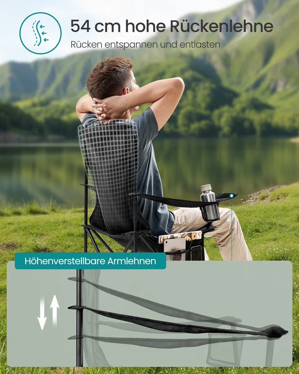 SONGMICS Campingstuhl 2er Set, Klappstuhl Outdoor, Angelstuhl, hohe Rückenlehne, verstellbare Armlehnen, Getränkehalter, klappbar, bis 150 kg belastbar, Camping Garten