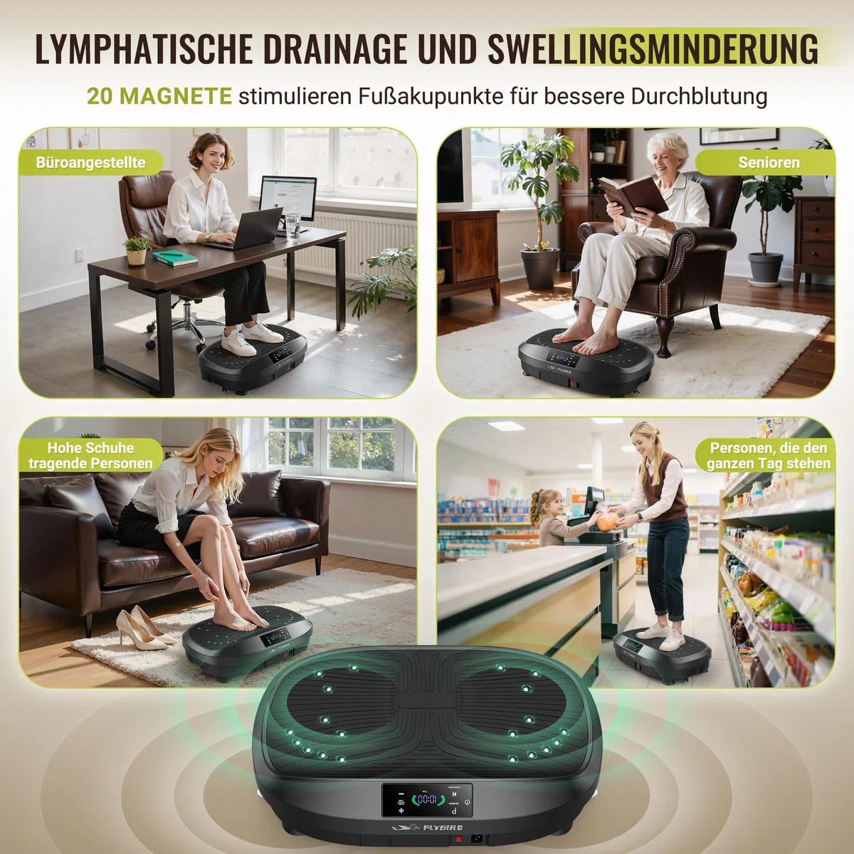 FLYBIRD Vibrationsplatte, 120 Leistungsstarke einstellbare Geschwindigkeiten,150KG Tragkraft,Ganzkörper-Training mit Fernbedienung für Frauen Muskelaufbau & Lymphdrainage