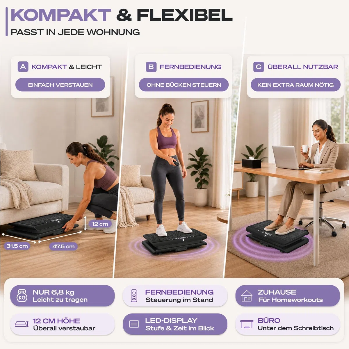 Sportstech Vibrationsplatte für Zuhause | Abnehmen, Fettverbrennung & Muskelaufbau | Oszillation, 99 Intensitätsstufen, Bluetooth-Fernbedienung | leiser Motor bis 120 kg | Trainingsbänder | sVibe Lite