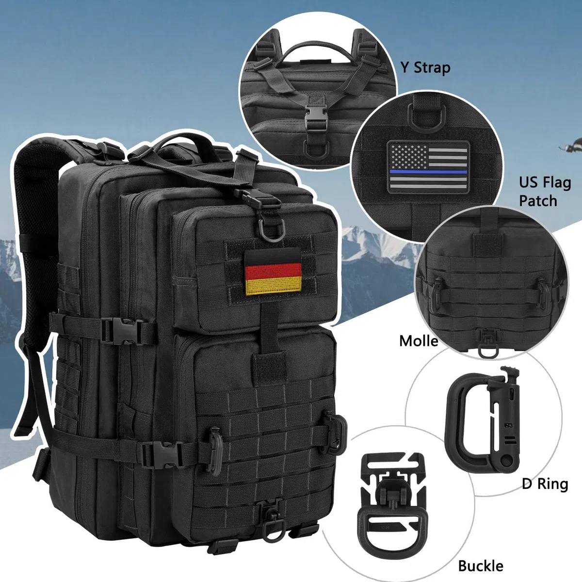 Hannibal Tactical Militär Taktischer Rucksack Cooper Rucksack Armee Assault Pack 3 Tage Bug Out Go Bag Trekking Wanderrucksack (40L,Schwarz-DE)