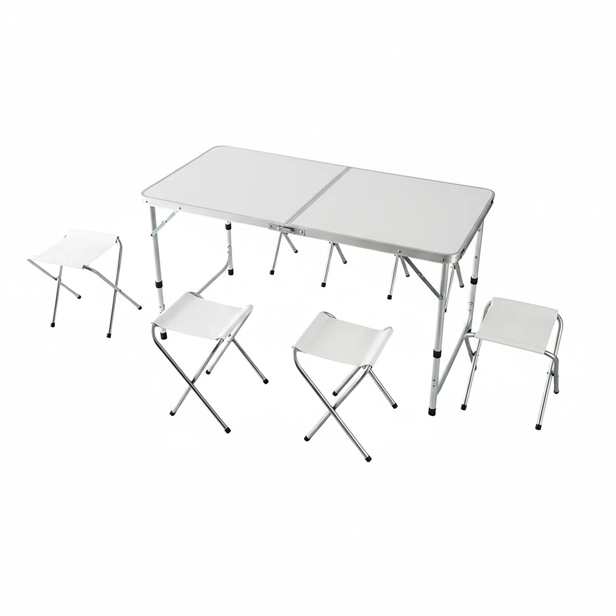 Relaxdays Campingtisch, 4 Sitzhocker, klappbar, höhenverstellbar, mit Tragegriff, Aluminium, MDF, Klapptisch, weiß