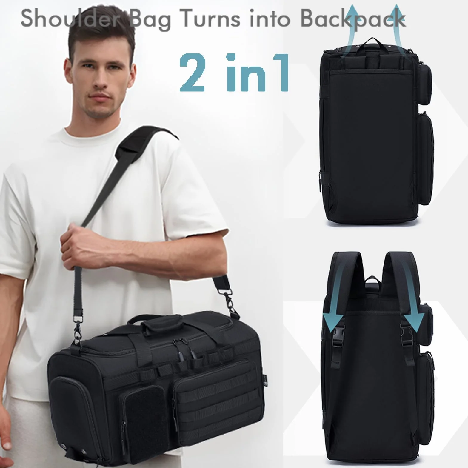 BAGZY Arbeitstasche Herren 40L Taktische Reisetasche Sporttasche mit Rucksackfunktion Einsatztasche Polizei Trainingstasche mit Schuhfach Nassfach Groß Rucksack für Gym Fitness Weekender Schwarz