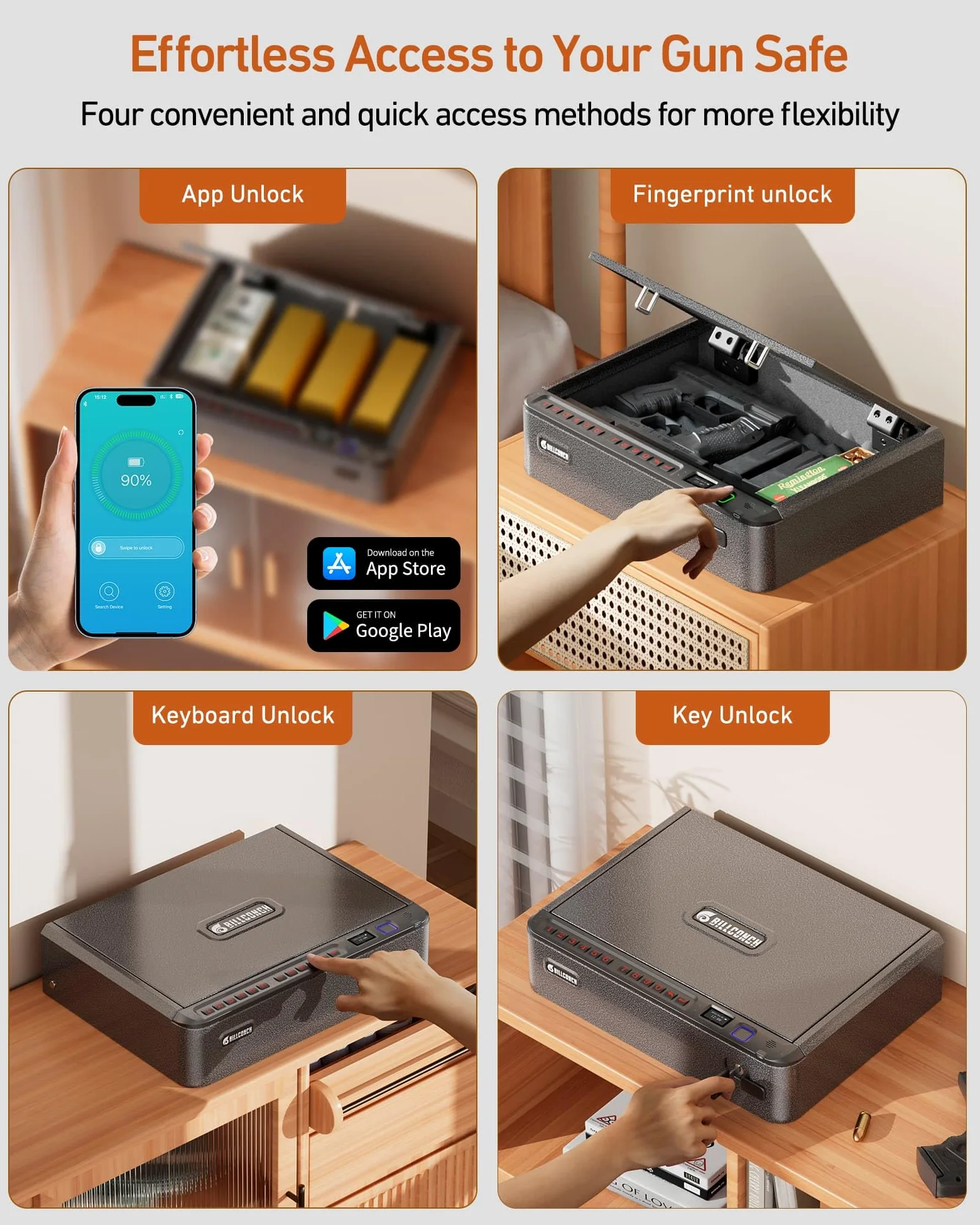 BILLCONCH Smart Gun Safe - Biometric Gun Safe for Pistols with Fingerprint/Full-digital Keypad/Key/Smartphone Lock, Quick-Access Pistol Safe for Beside Nightstand Handgun Safe with LCD/Voice Guide