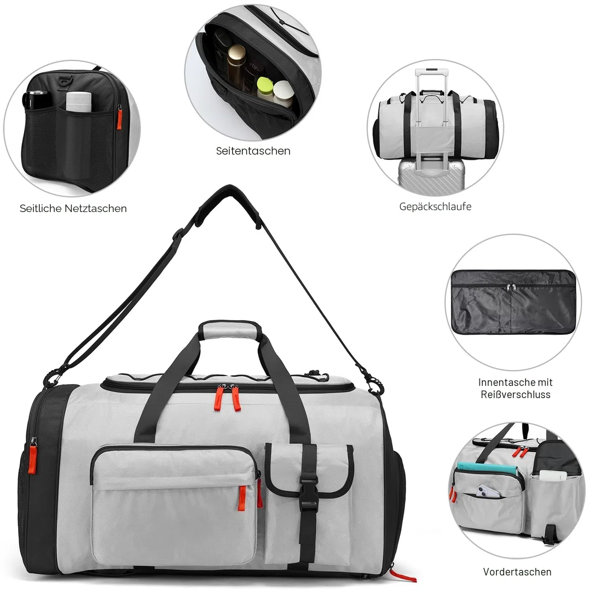 70L Sporttasche Groß Sportrucksack Herren mit Schuhfach Wochenend Sport Reisetasche mit Rucksackfunktion Wasserdicht Fitness Trainingstasche für Damen Gym, Reisen, Camping, Grau