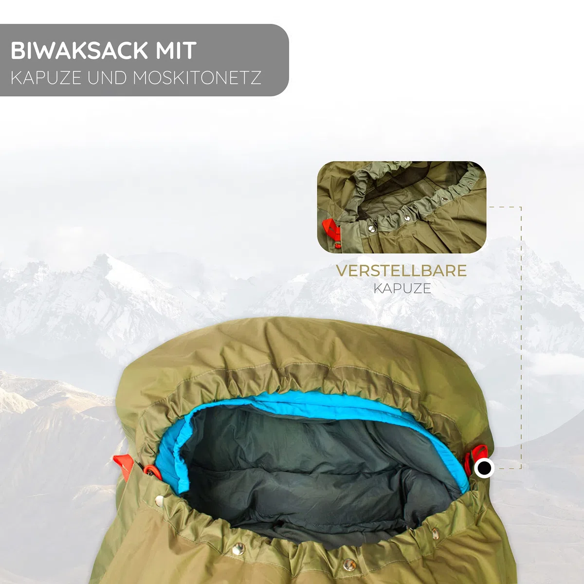 Aven Biwak - wasserdicht 10.000mm - robust - Double Zip - 2 Reißverschlüsse Links und rechts - Biwaksack für Schlafsack - abnehmbares Moskitonetz - Schlafsack Hülle