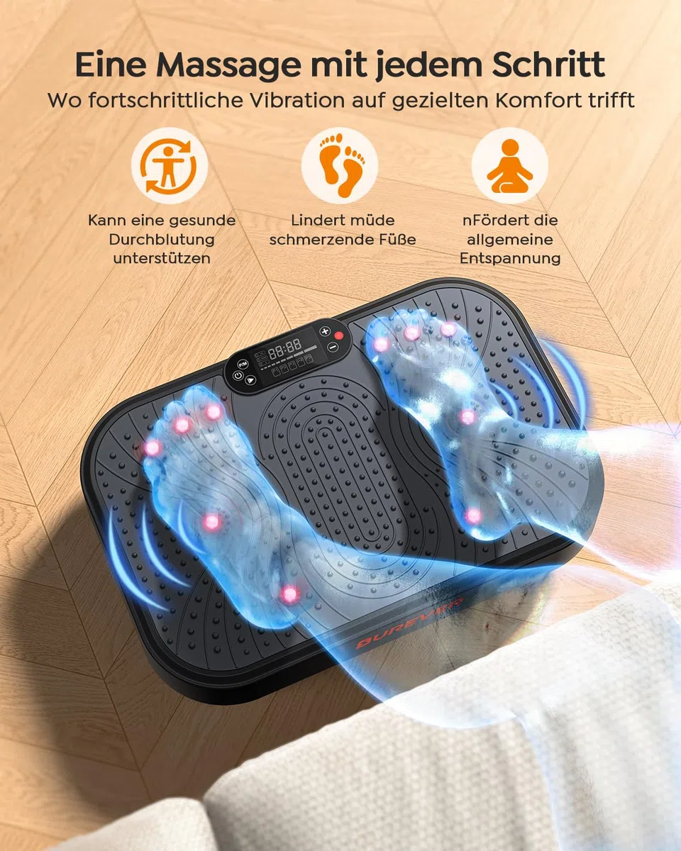 Vibrationsplatte, Burever Vibration Plate 150W, Leise Fußmassage, Muskelaufbau und -formung, 99 Intensitätsstufen, 5 Trainingsprogramme, Fernbedienung, Widerstandsbänder