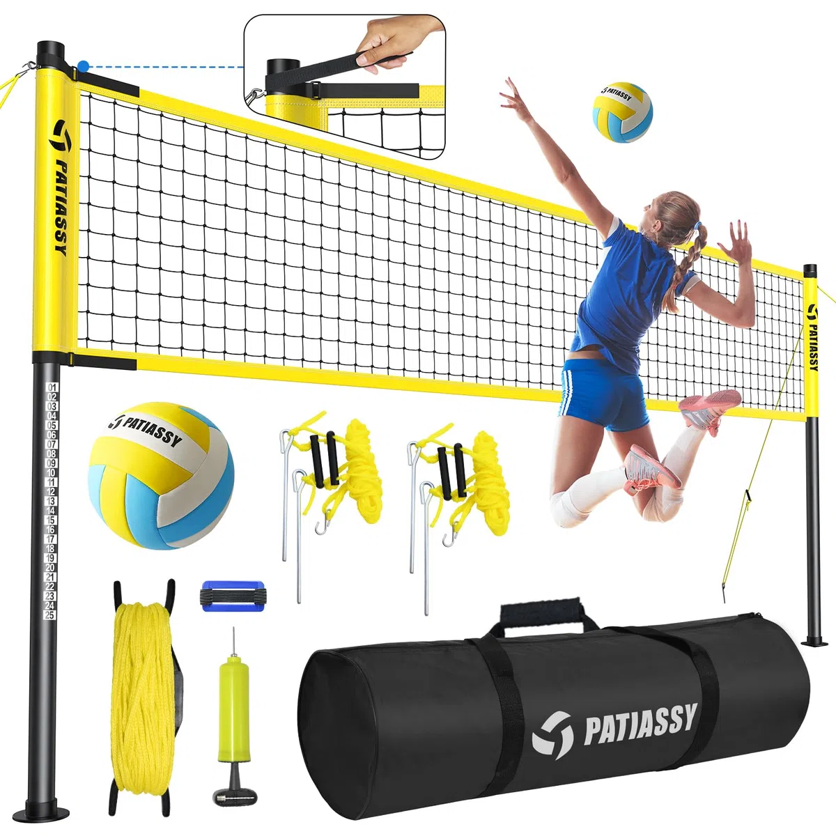 Volleyballnetz Garten Outdoor Mobiles Set Mit Stangen, Höhenverstellbar Volleyball Netz, PU Volleyball, Handpume, Grenzlinie, Tragetasche für Rasen Standardgröße 9,5m* 1m