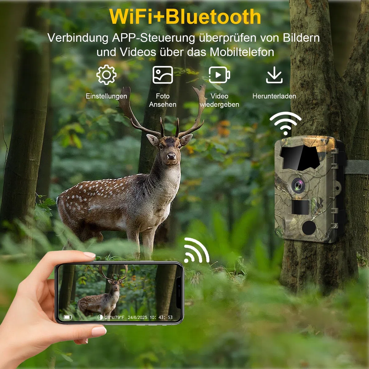 Lutranstra 5K Wildkamera WLAN 64MP Full HD Infrarot Wildtierkamera Bewegungssensor Nachtsicht IP66